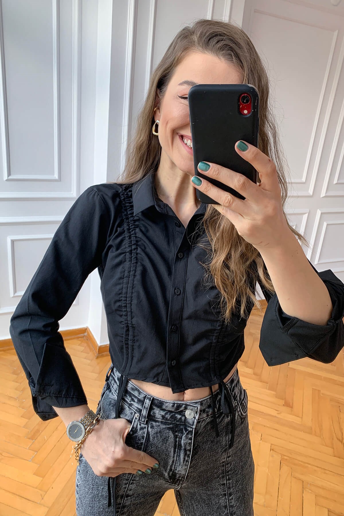 Siyah Crop Gömlek