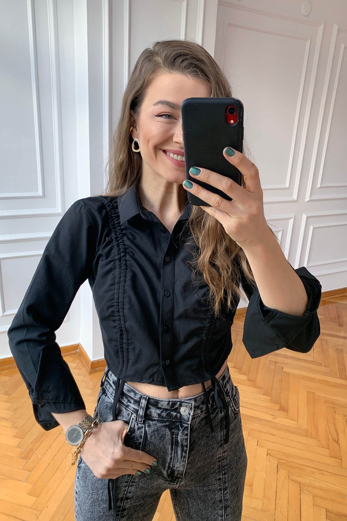 Siyah Crop Gömlek