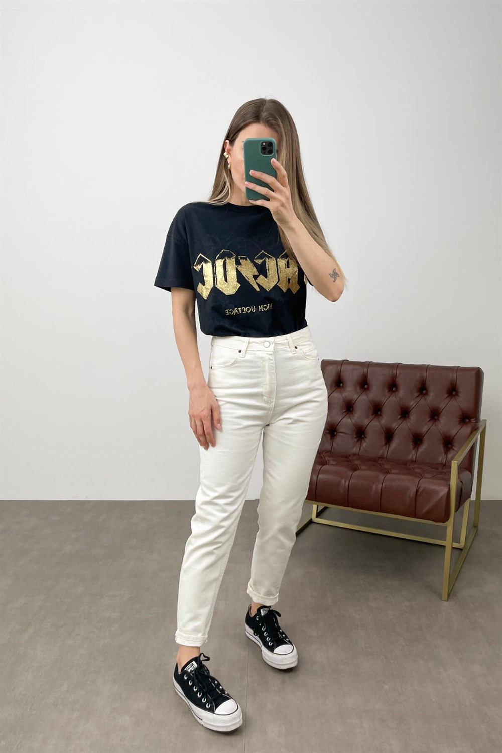 Siyah Gold ACDC Baskı T-Shirt