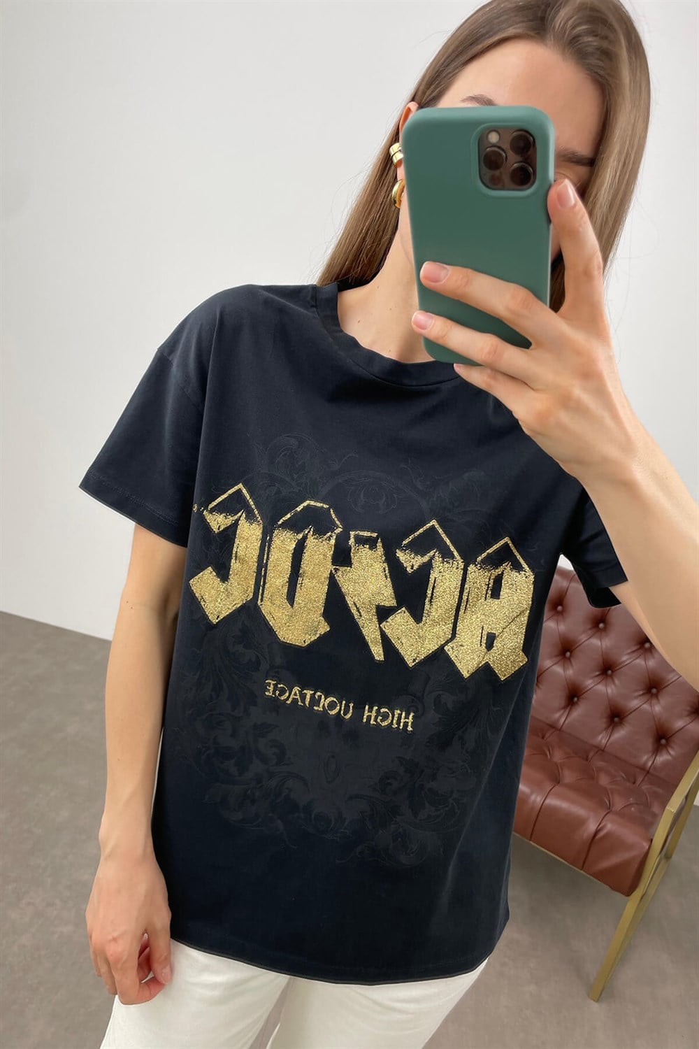 Siyah Gold ACDC Baskı T-Shirt