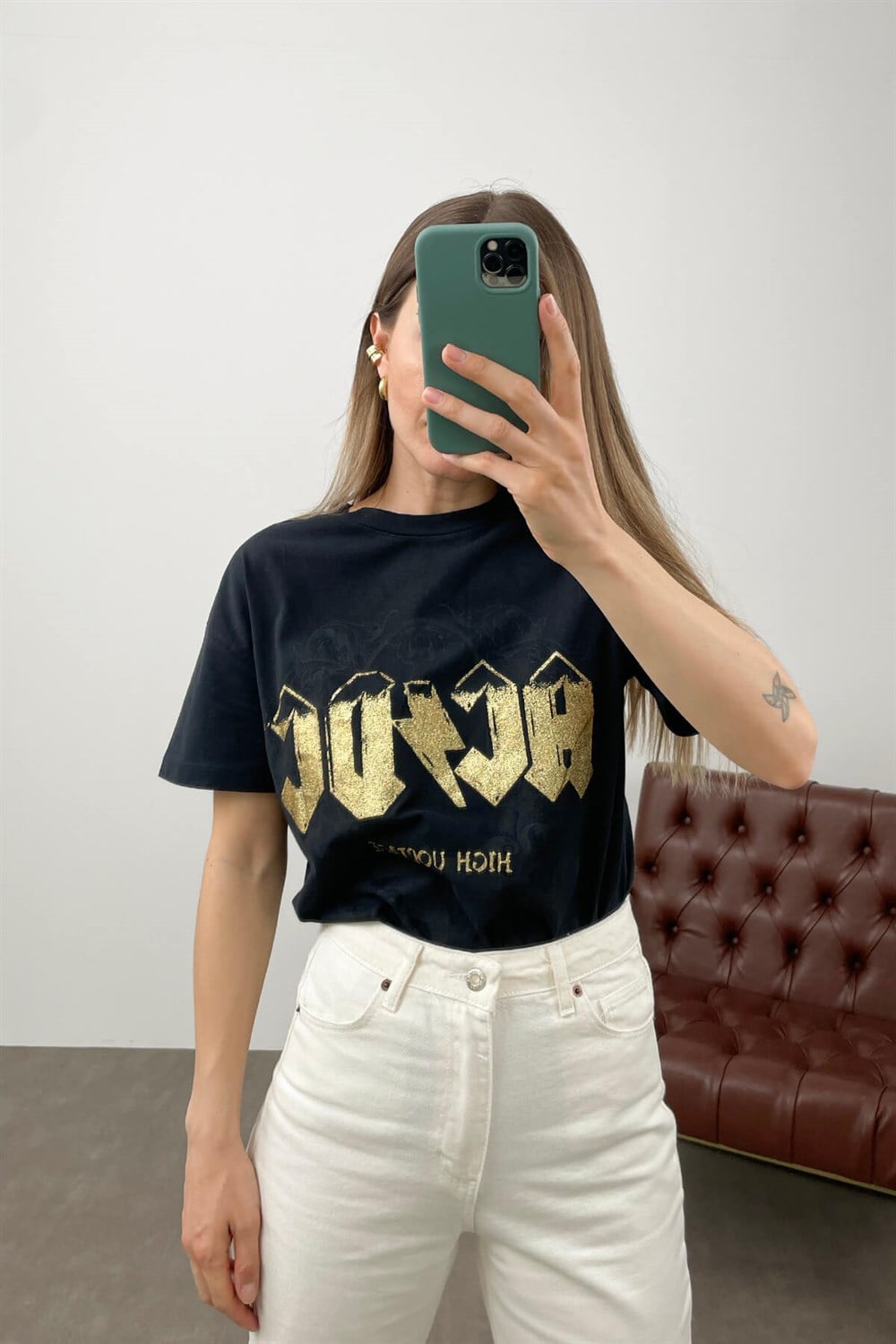 Siyah Gold ACDC Baskı T-Shirt