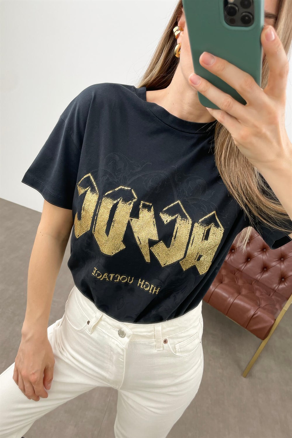 Siyah Gold ACDC Baskı T-Shirt