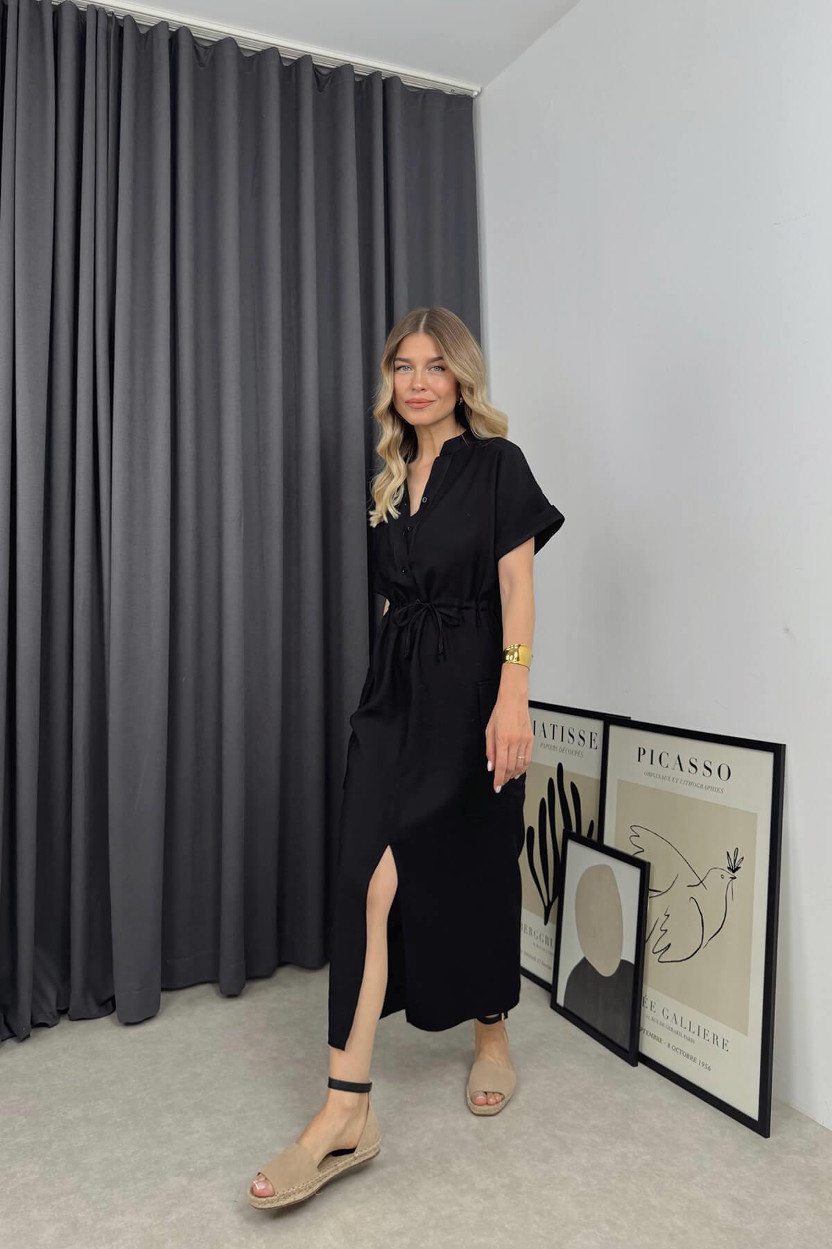 Siyah Hakim Yaka Beli Bağcıklı Yırtmaçlı Gömlek Elbise