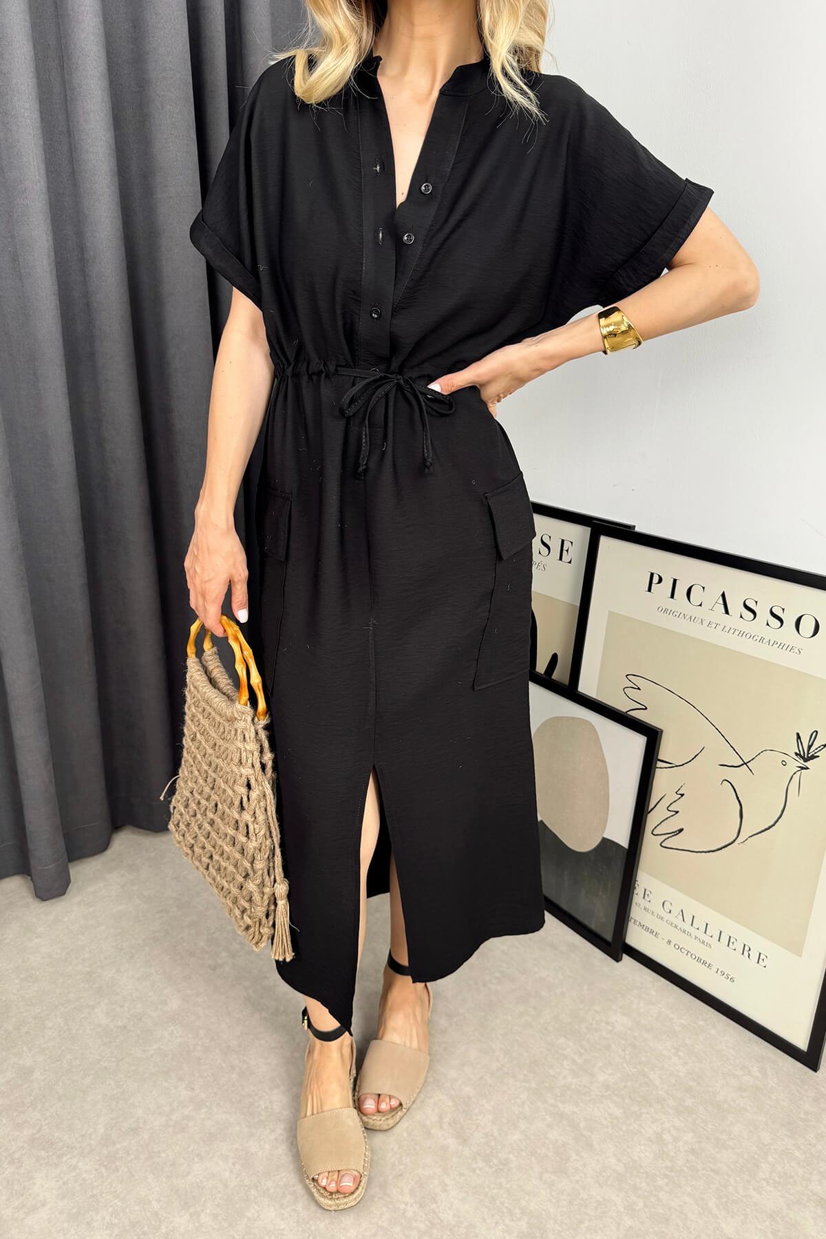 Siyah Hakim Yaka Beli Bağcıklı Yırtmaçlı Gömlek Elbise