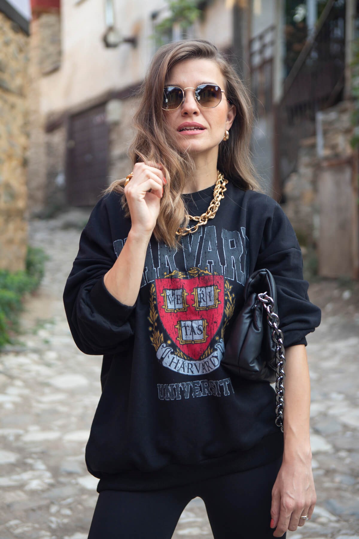 Siyah Harvard Baskılı Sweatshirt