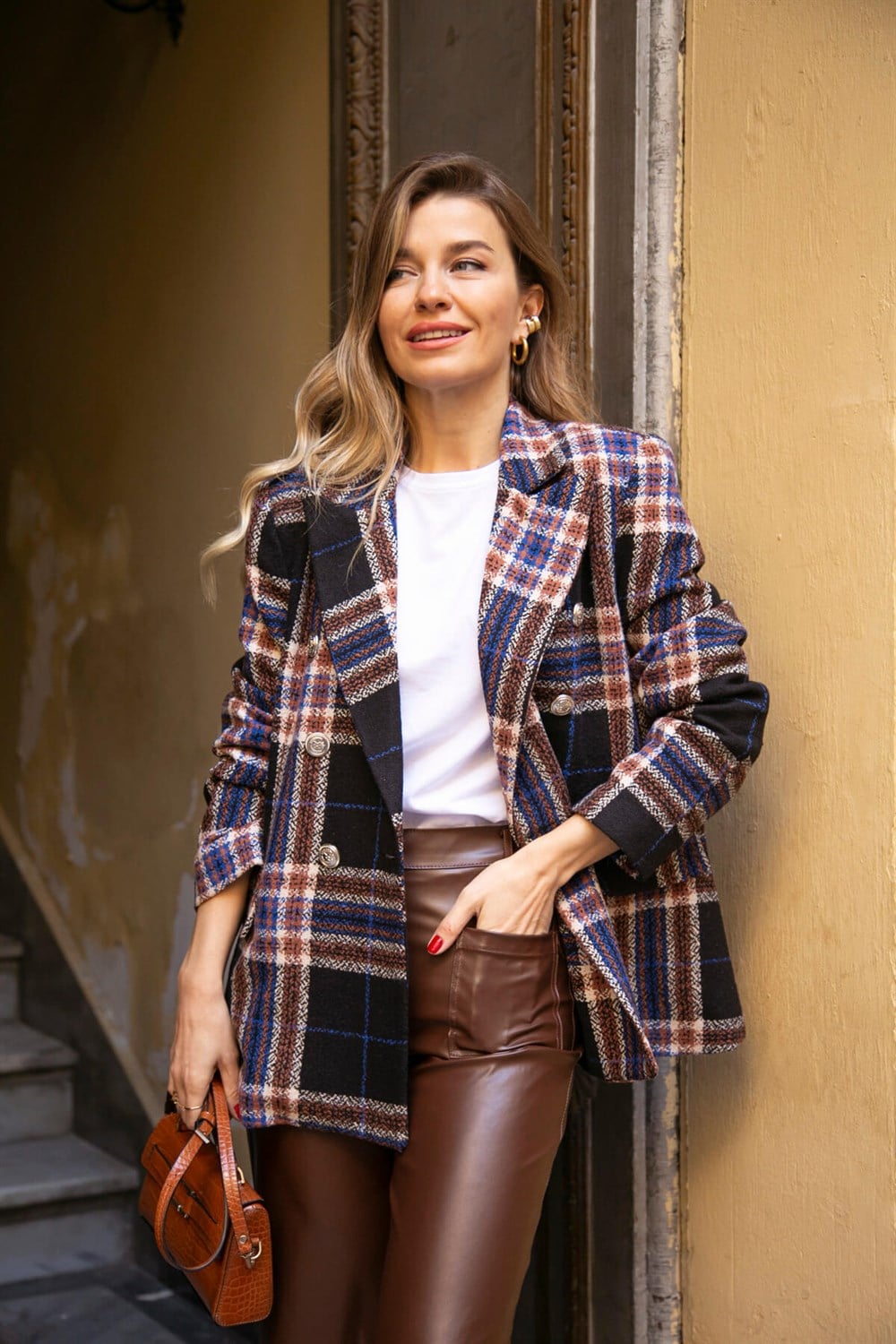 Siyah Kahve Ekoseli Astarlı Blazer Ceket