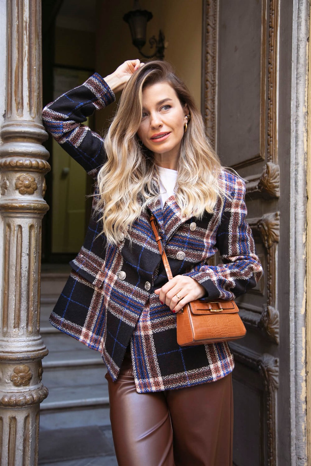 Siyah Kahve Ekoseli Astarlı Blazer Ceket