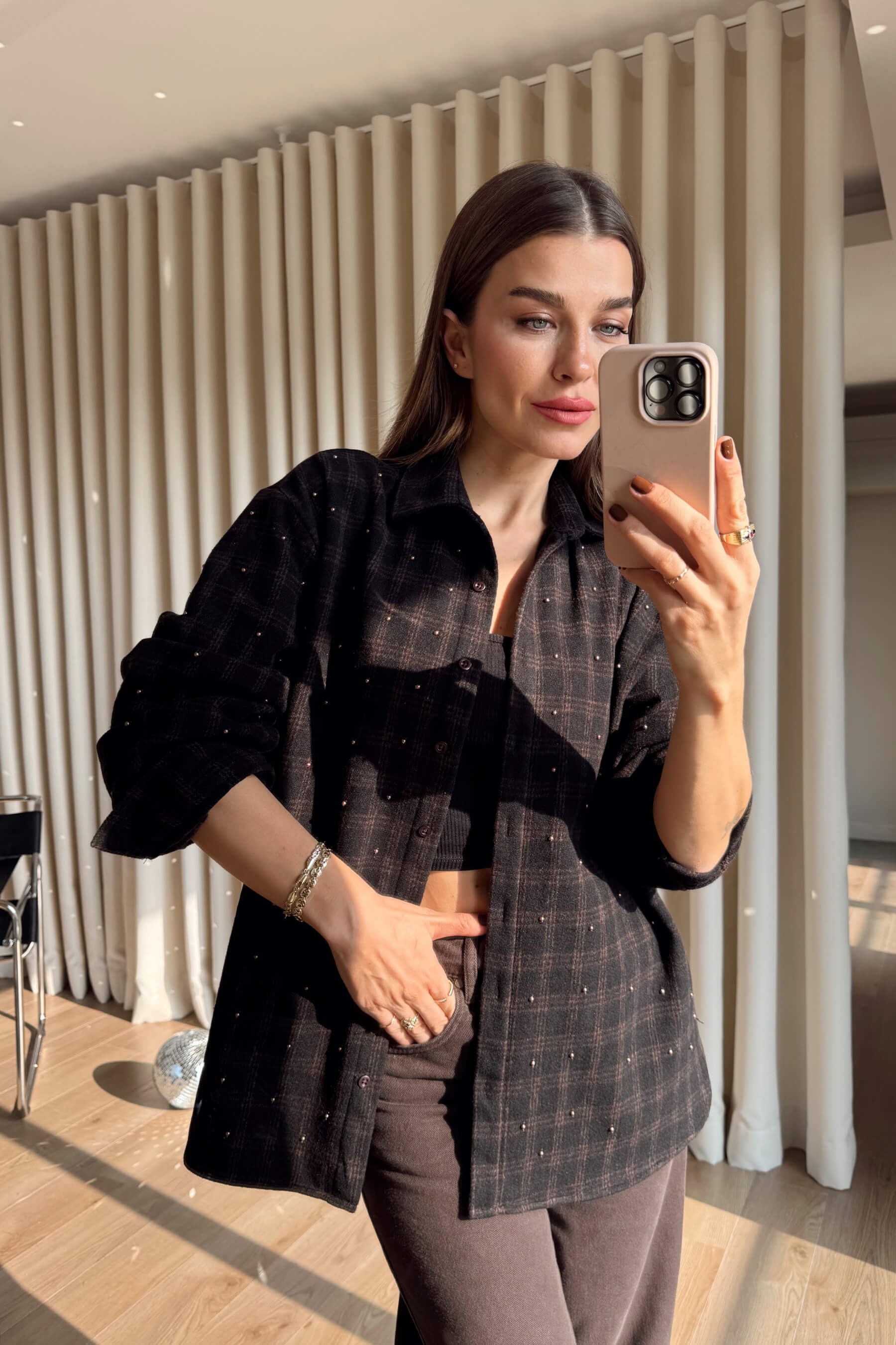 Siyah Kahve Ekoseli Taş Detaylı Oversize Oduncu Gömlek