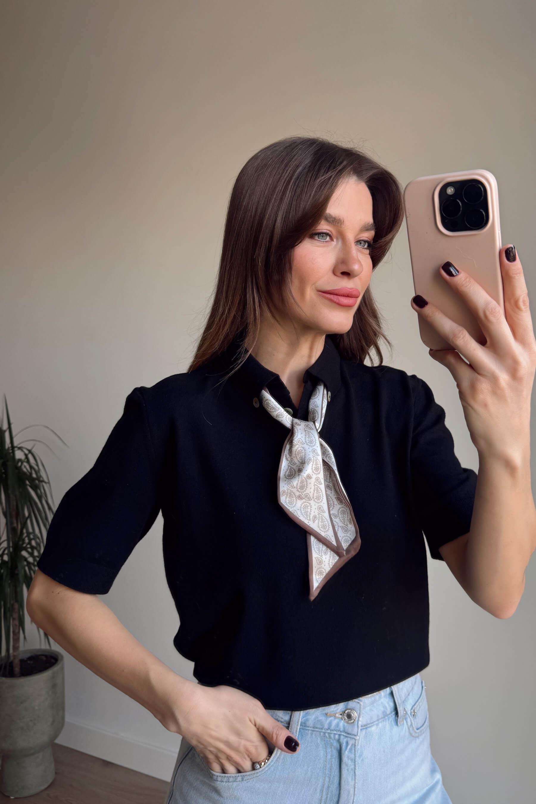 Siyah Kahve Fularlı Kısa Kollu Trko Kazak