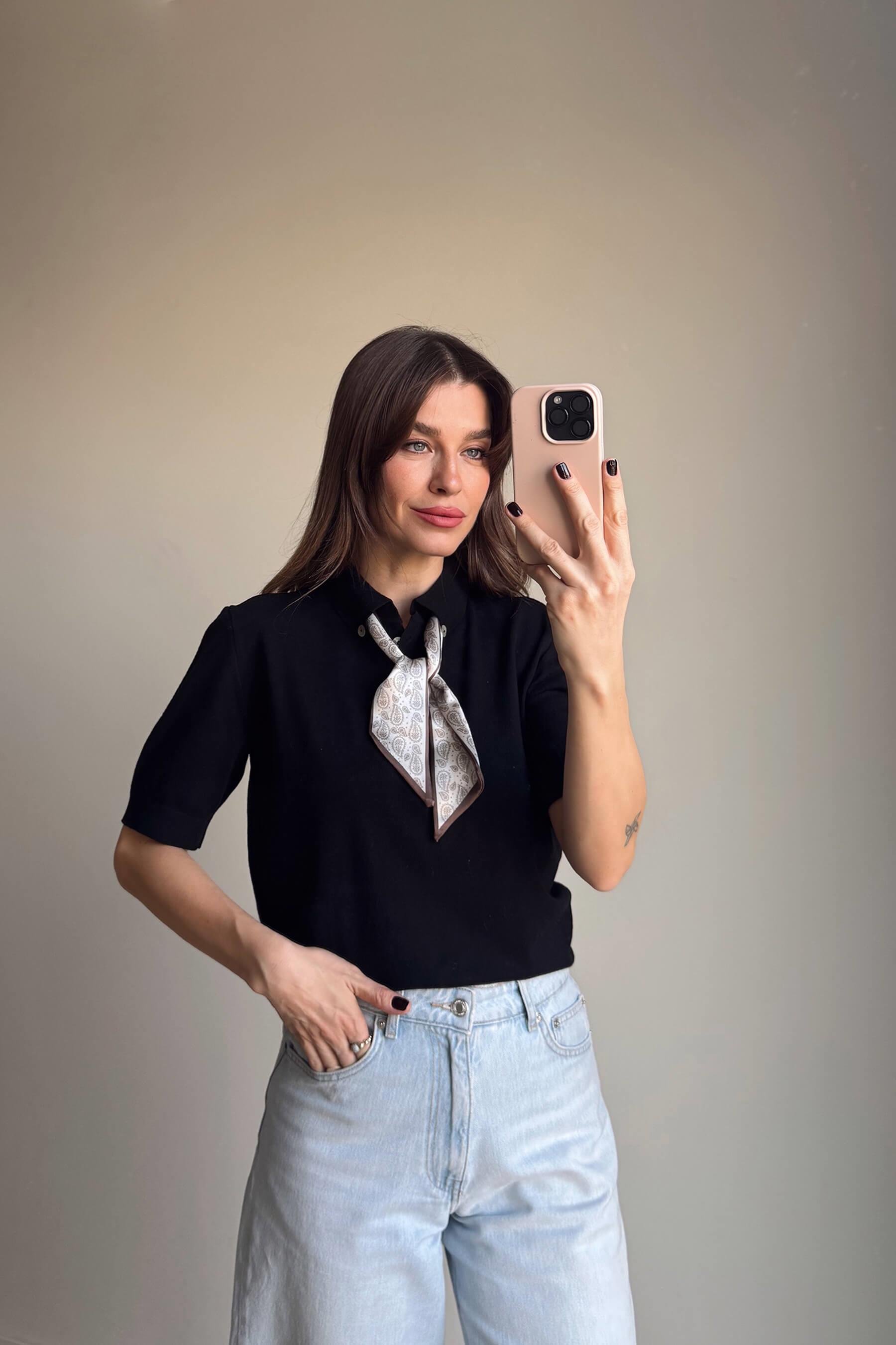 Siyah Kahve Fularlı Kısa Kollu Trko Kazak