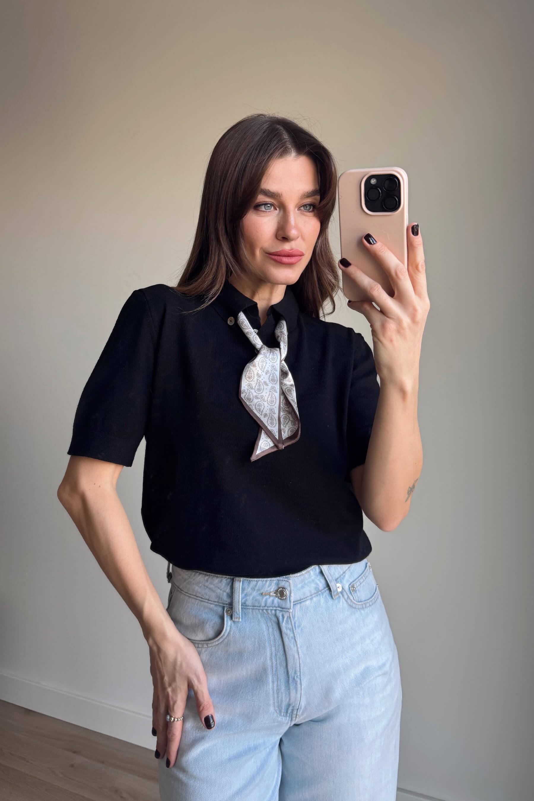 Siyah Kahve Fularlı Kısa Kollu Trko Kazak