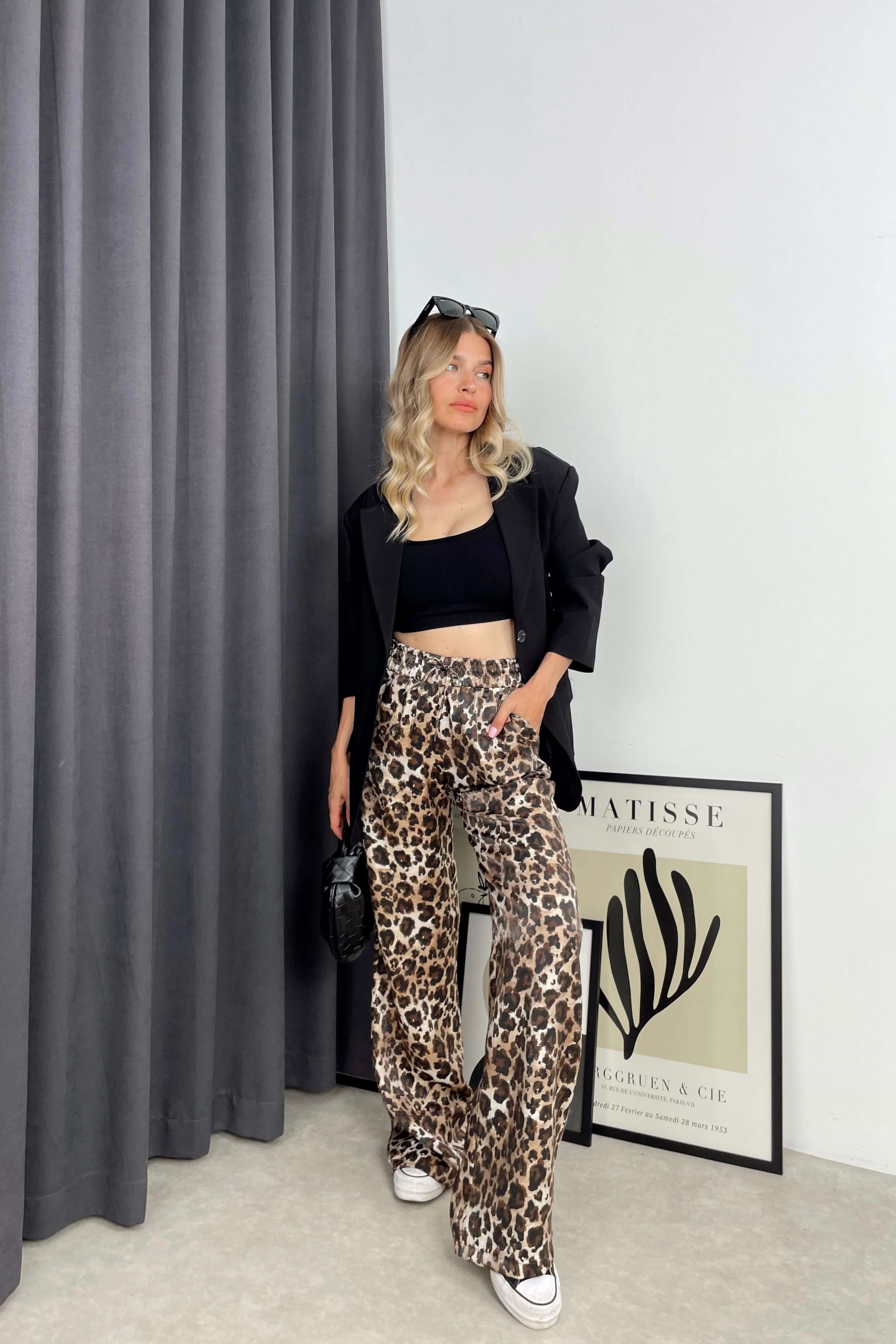 Siyah Kahve Leopar Desenli Beli Lastikli Pantolon