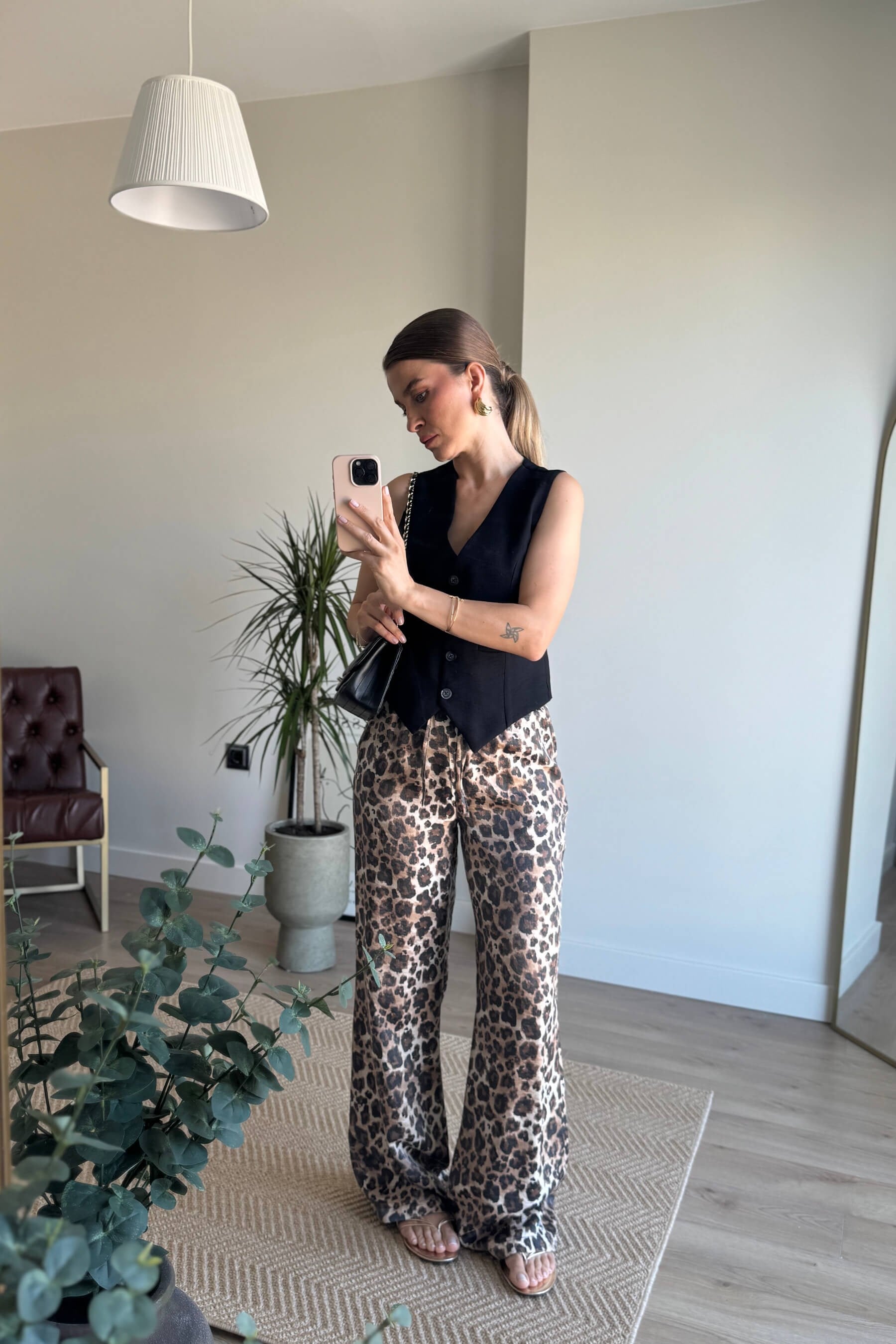 Siyah Kahve Leopar Desenli Beli Lastikli Pantolon