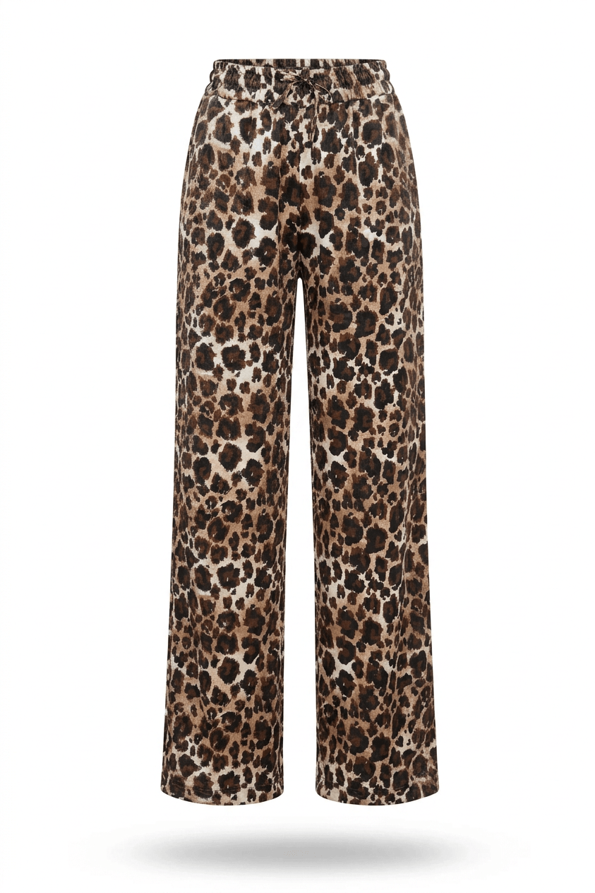 Siyah Kahve Leopar Desenli Beli Lastikli Pantolon