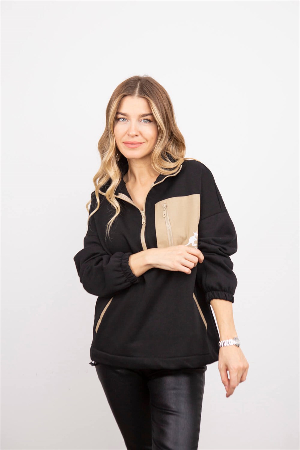 Siyah Kanguru Cep Yakası Fermuarlı Polar Sweatshirt