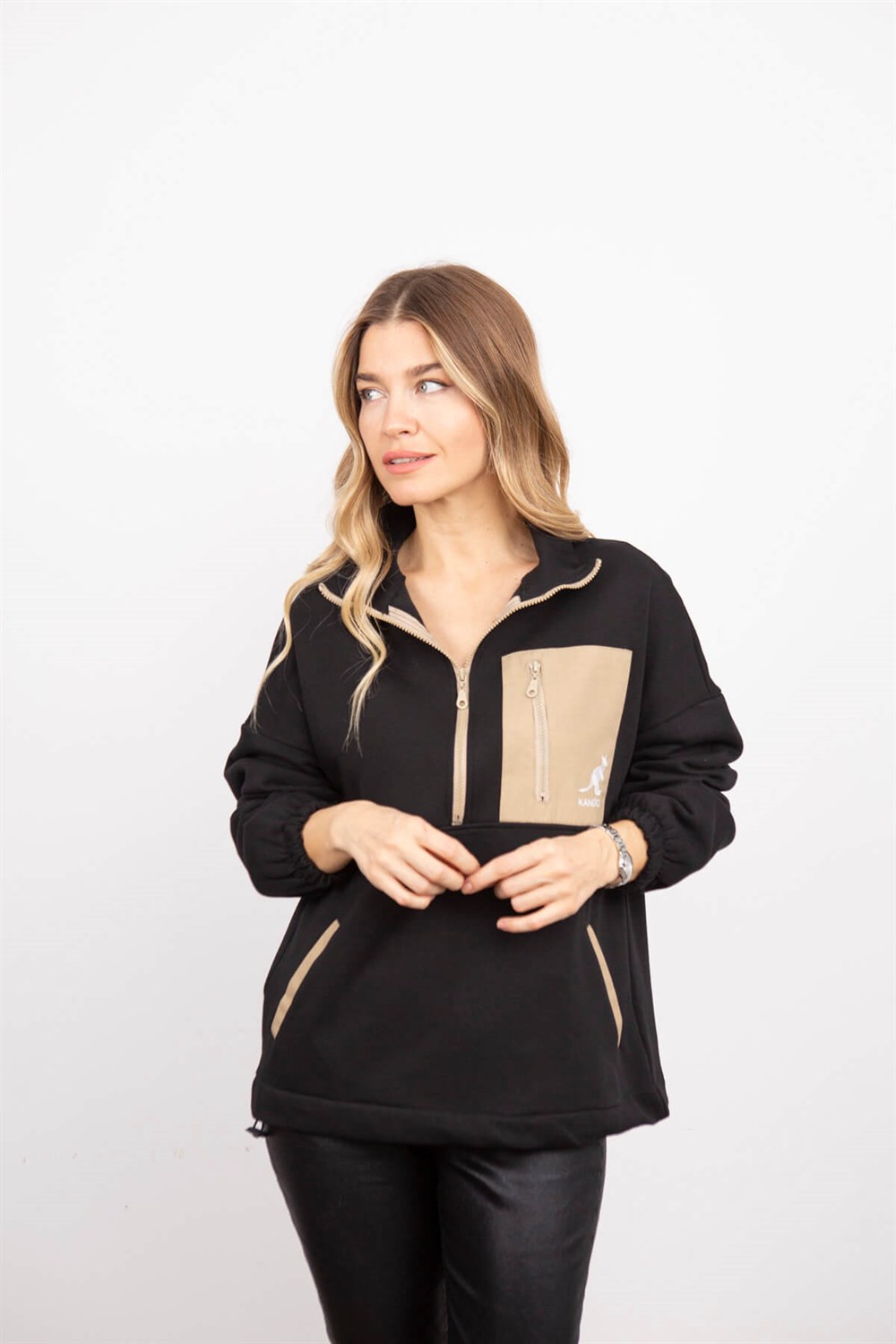 Siyah Kanguru Cep Yakası Fermuarlı Polar Sweatshirt