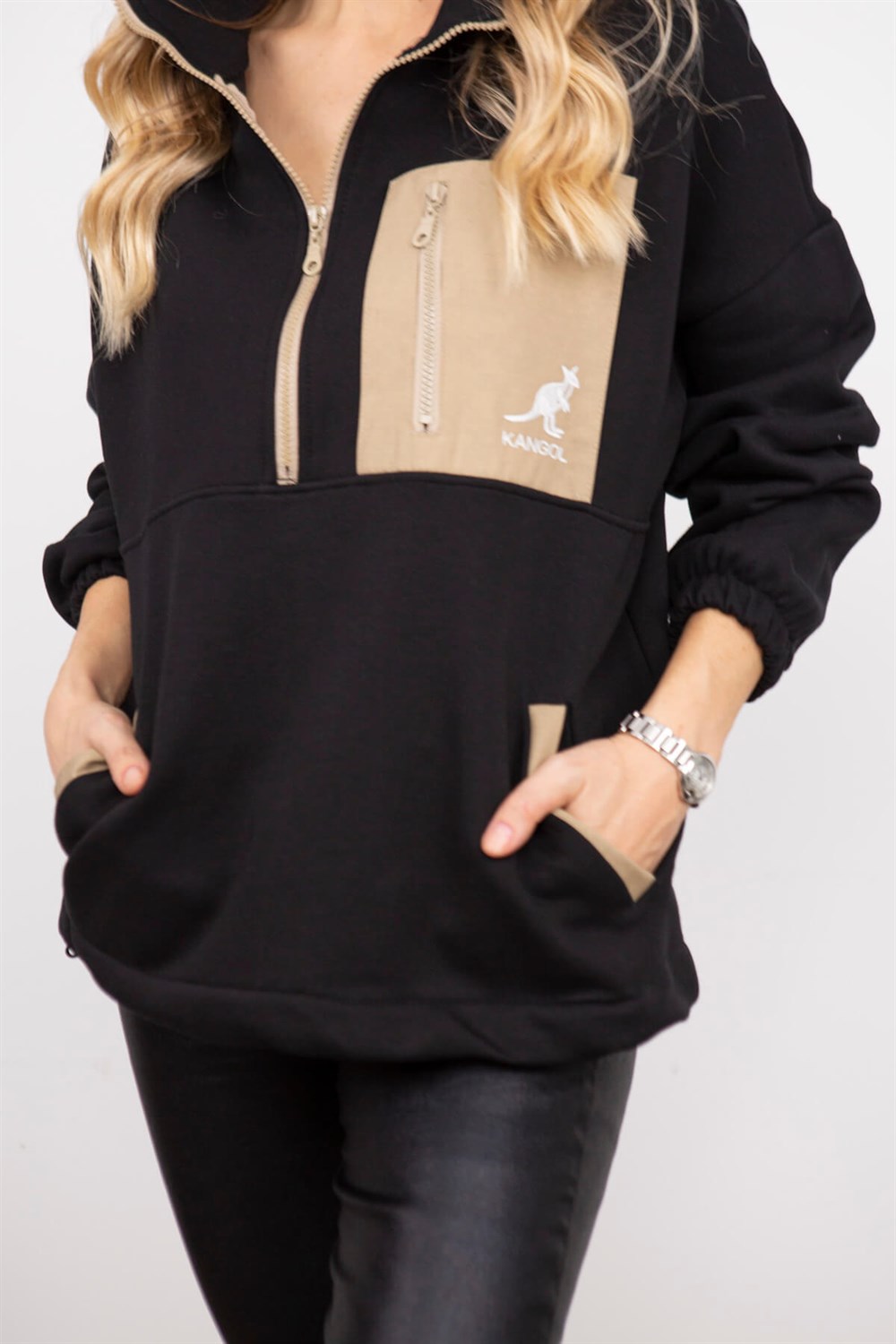 Siyah Kanguru Cep Yakası Fermuarlı Polar Sweatshirt