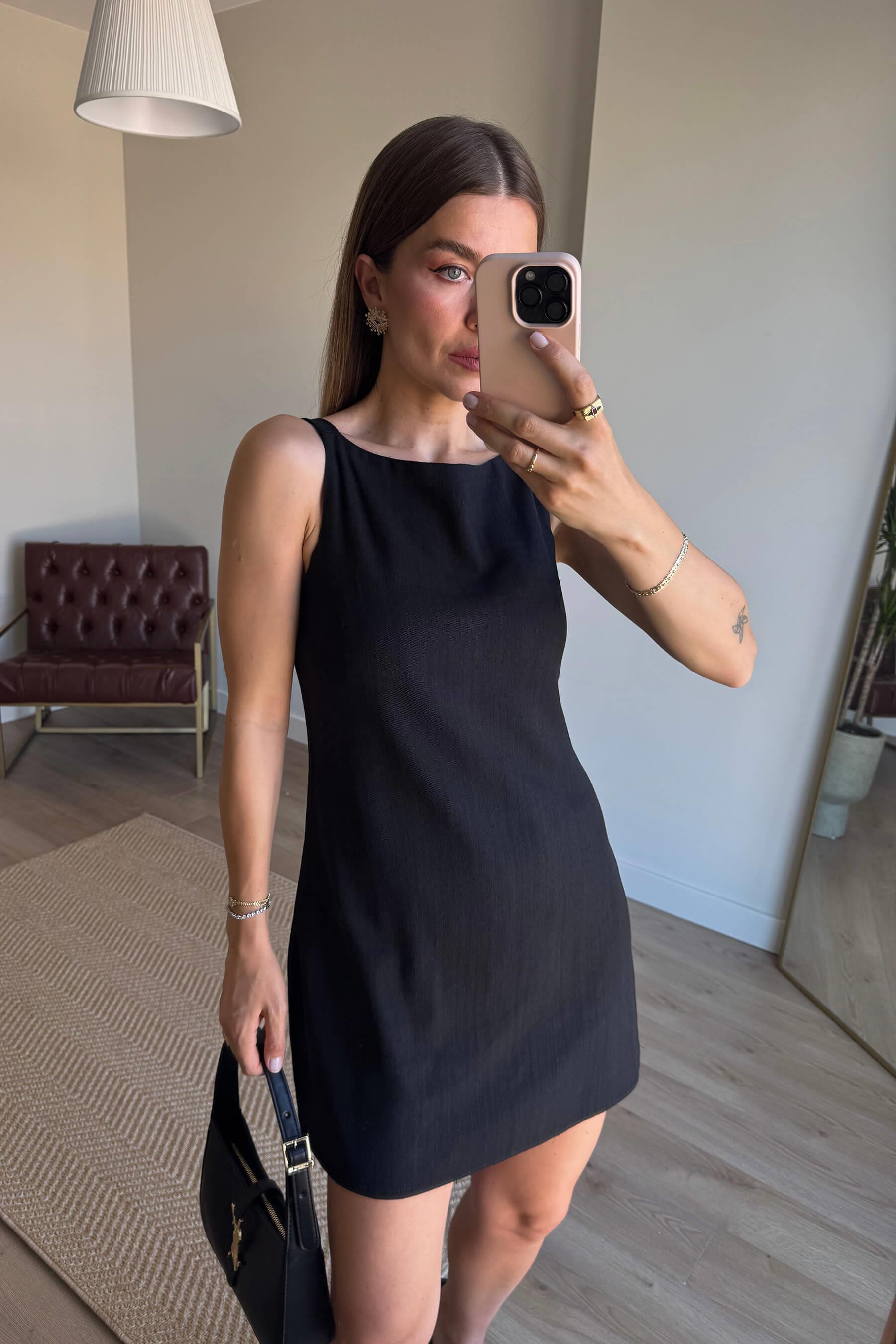 Siyah Kare Yaka Askılı Astarlı Premium Keten Elbise