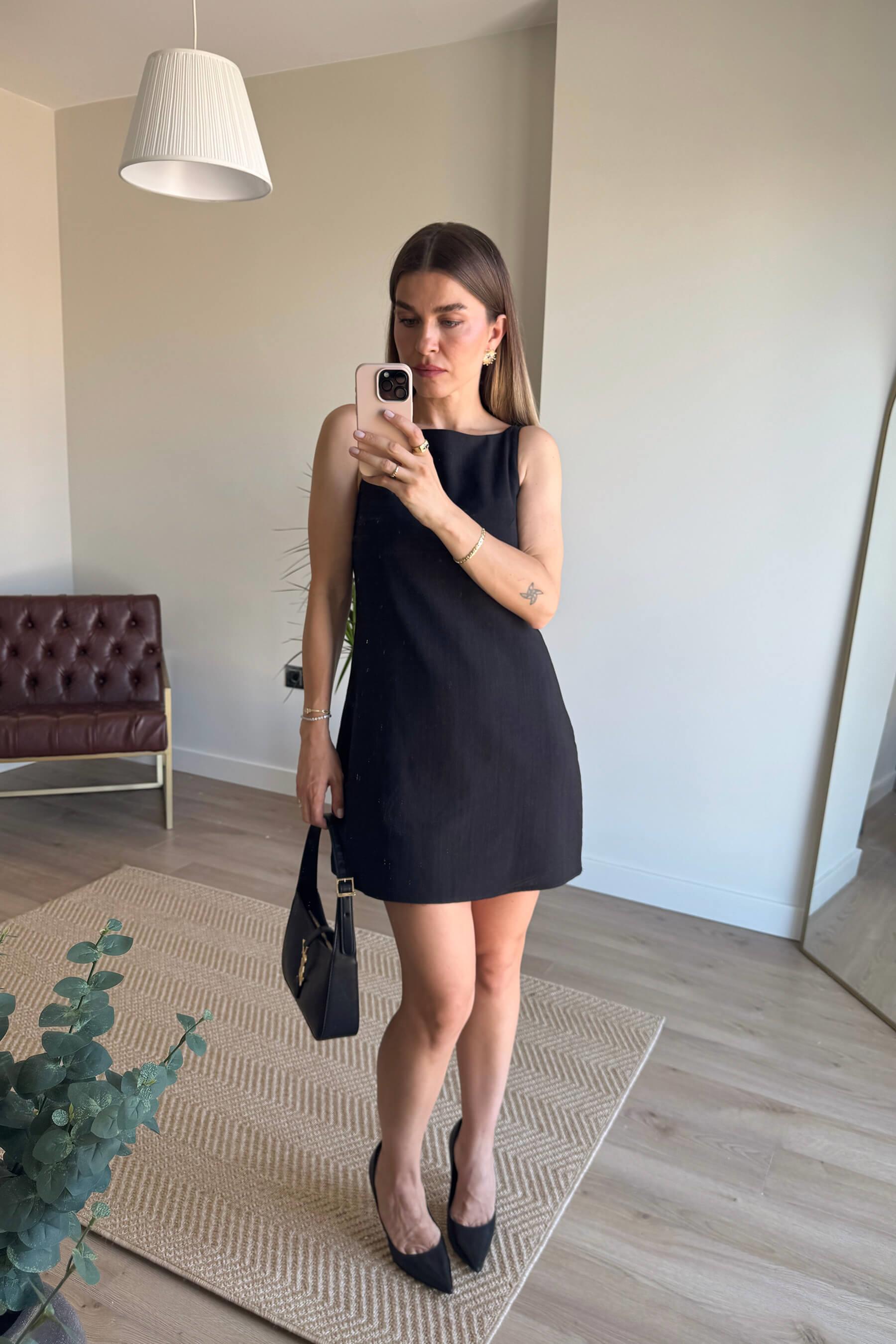 Siyah Kare Yaka Askılı Astarlı Premium Keten Elbise