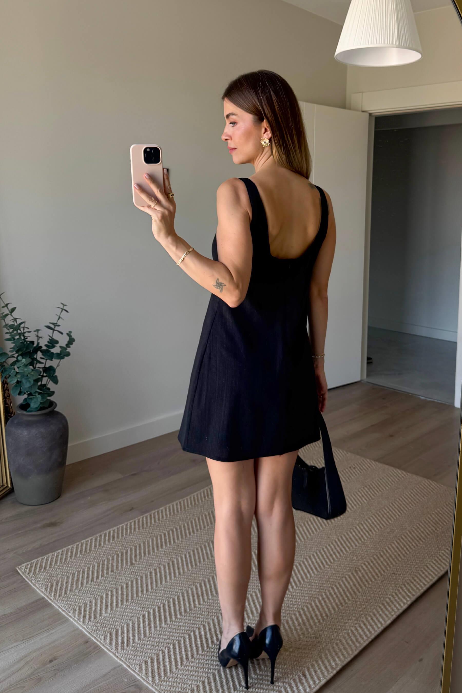 Siyah Kare Yaka Askılı Astarlı Premium Keten Elbise