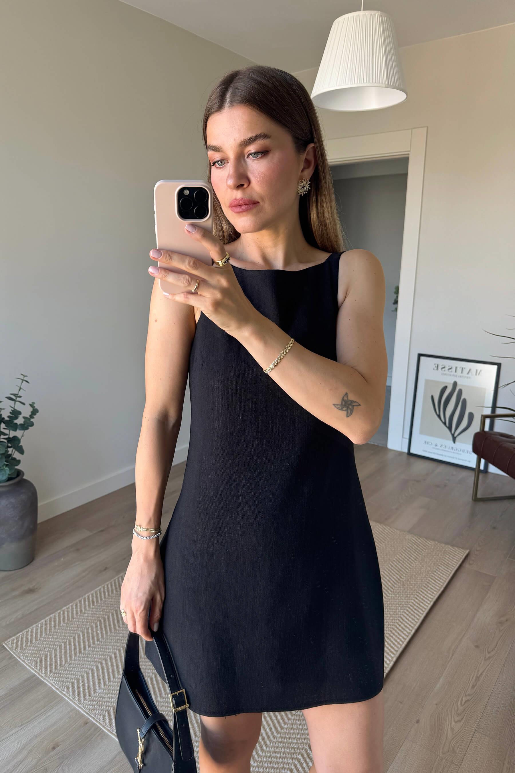 Siyah Kare Yaka Askılı Astarlı Premium Keten Elbise