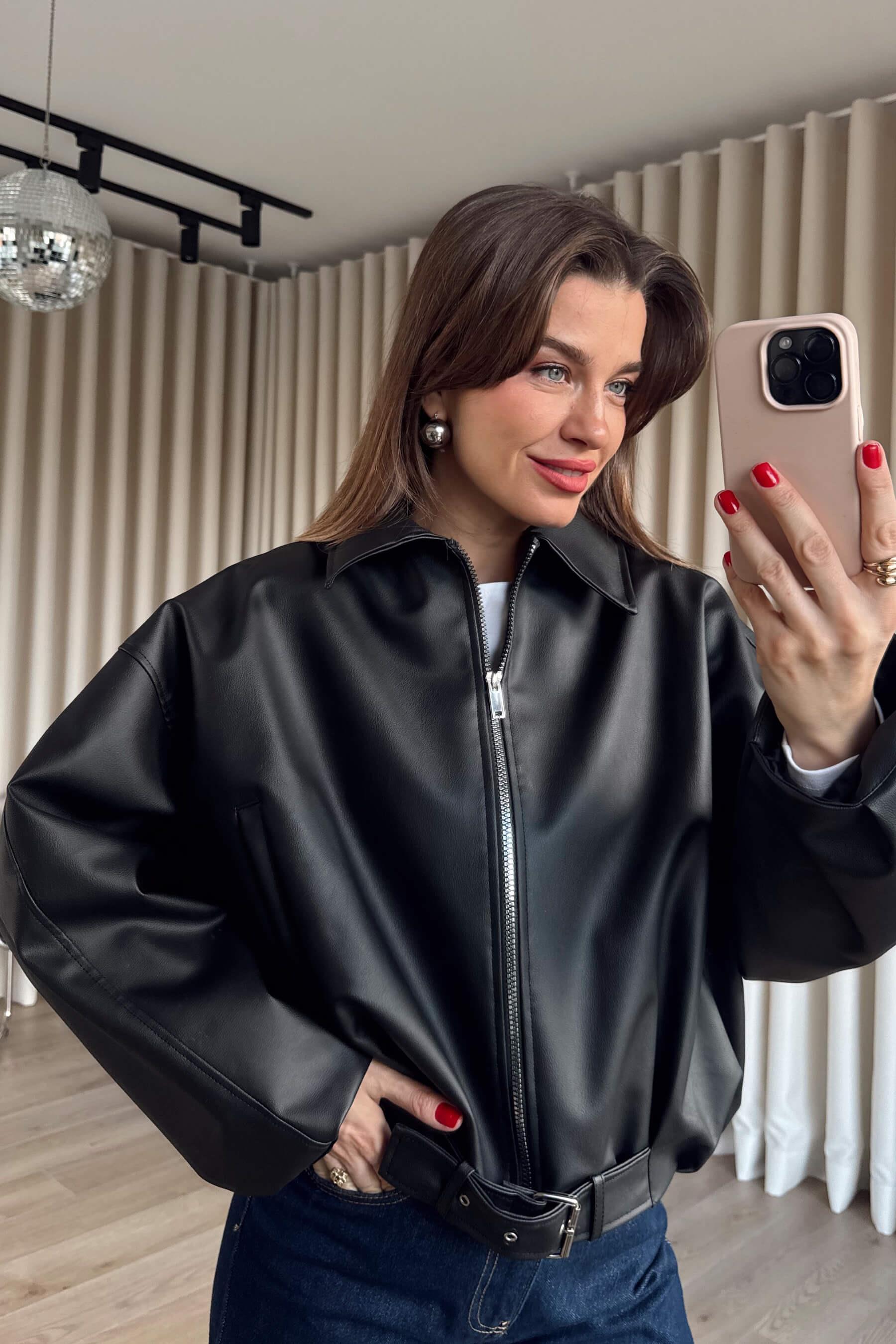 Siyah Kemer Detaylı Astarlı Oversize Bomber Deri Ceket