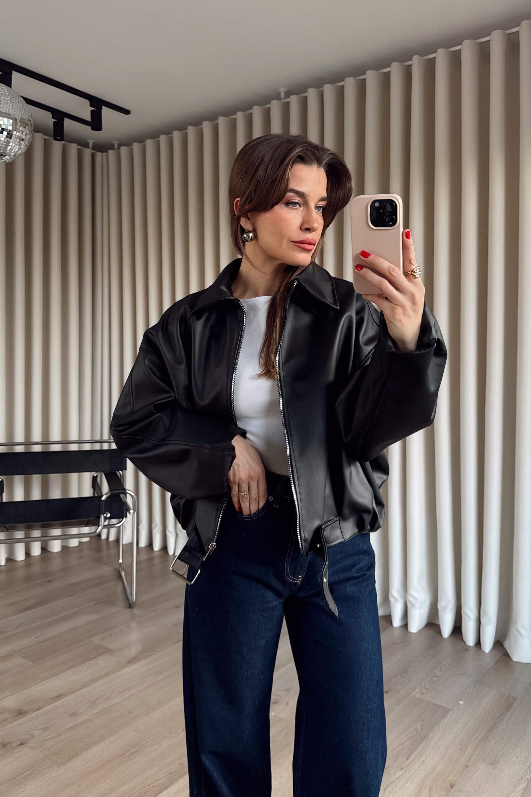 Siyah Kemer Detaylı Astarlı Oversize Bomber Deri Ceket