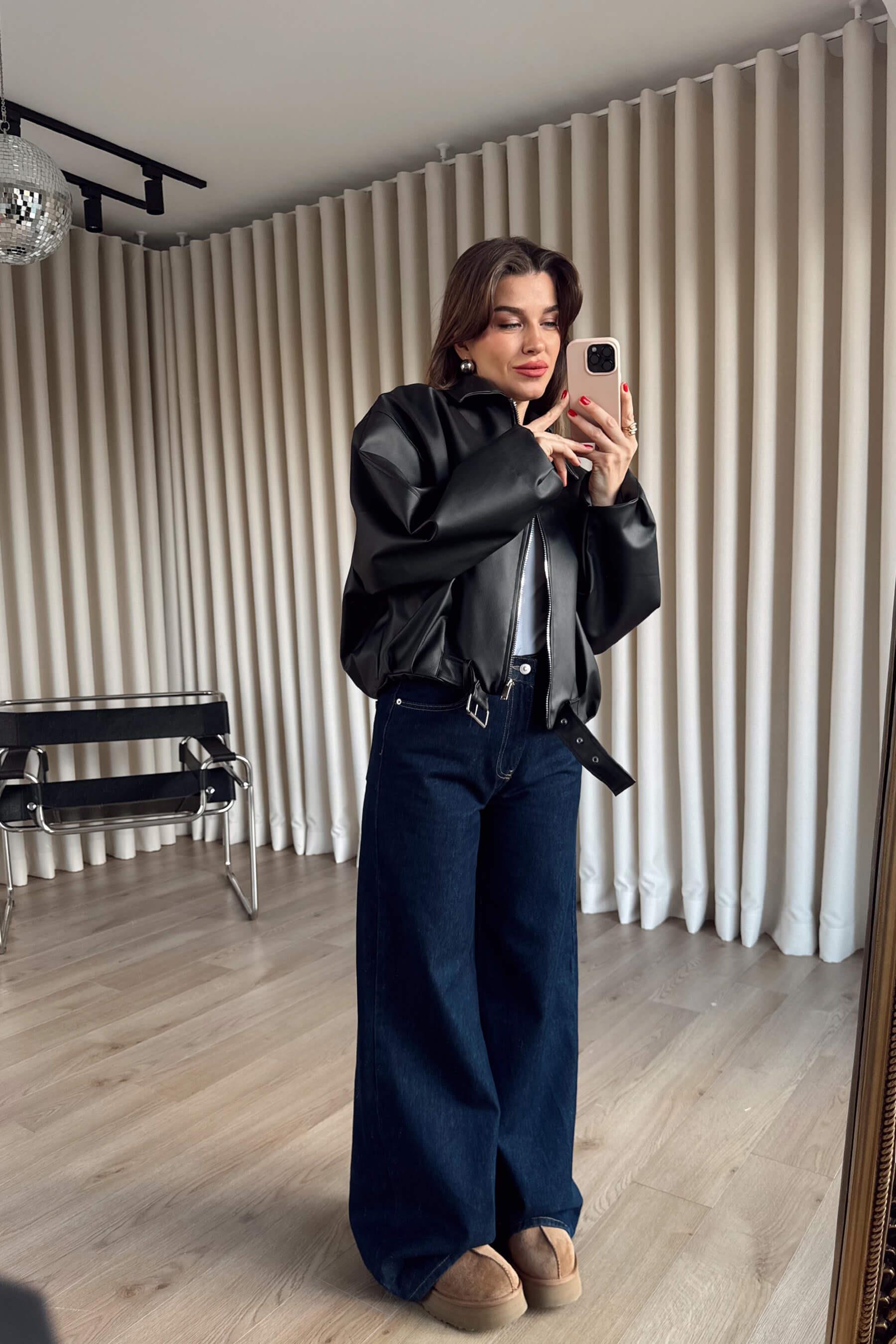 Siyah Kemer Detaylı Astarlı Oversize Bomber Deri Ceket