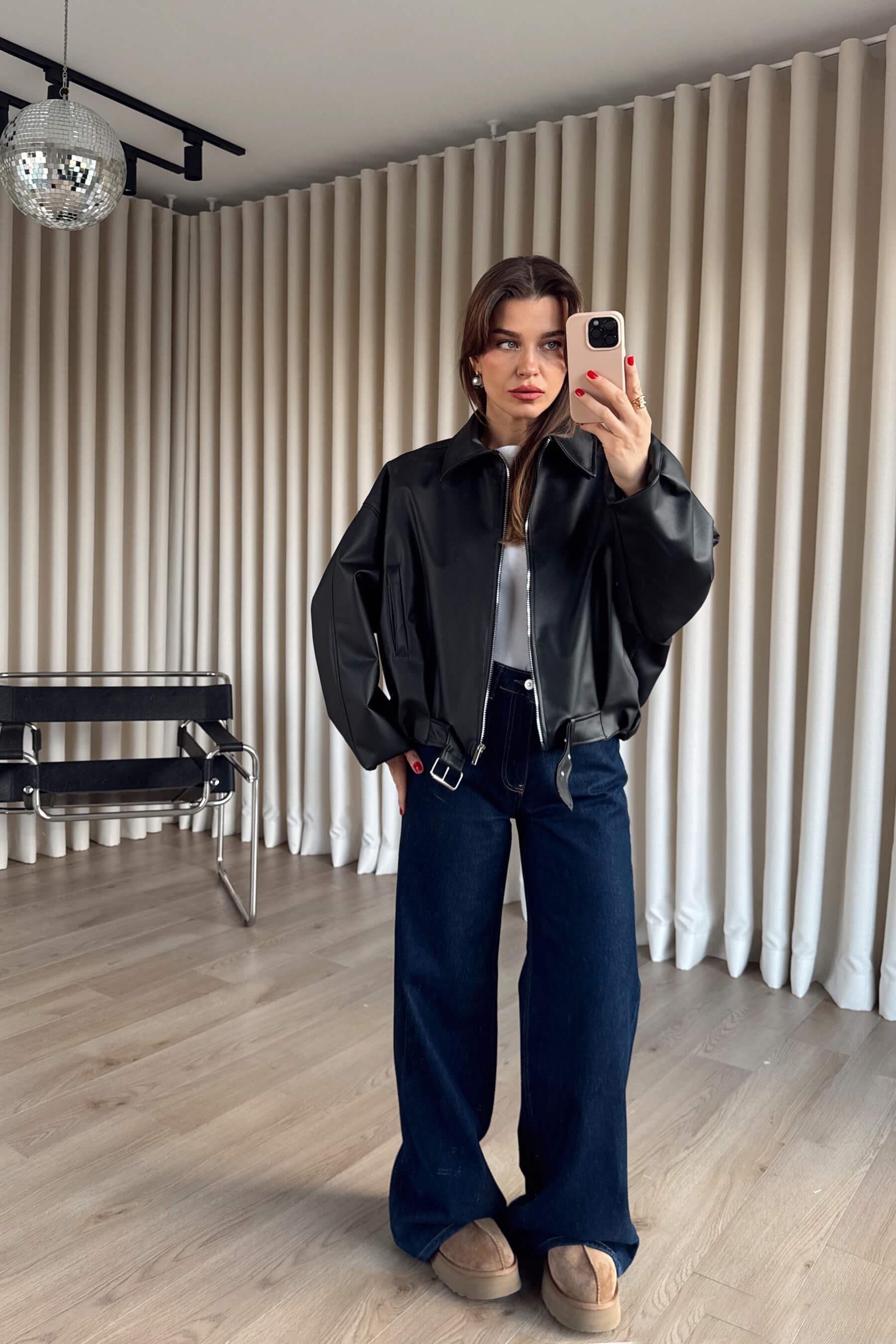 Siyah Kemer Detaylı Astarlı Oversize Bomber Deri Ceket