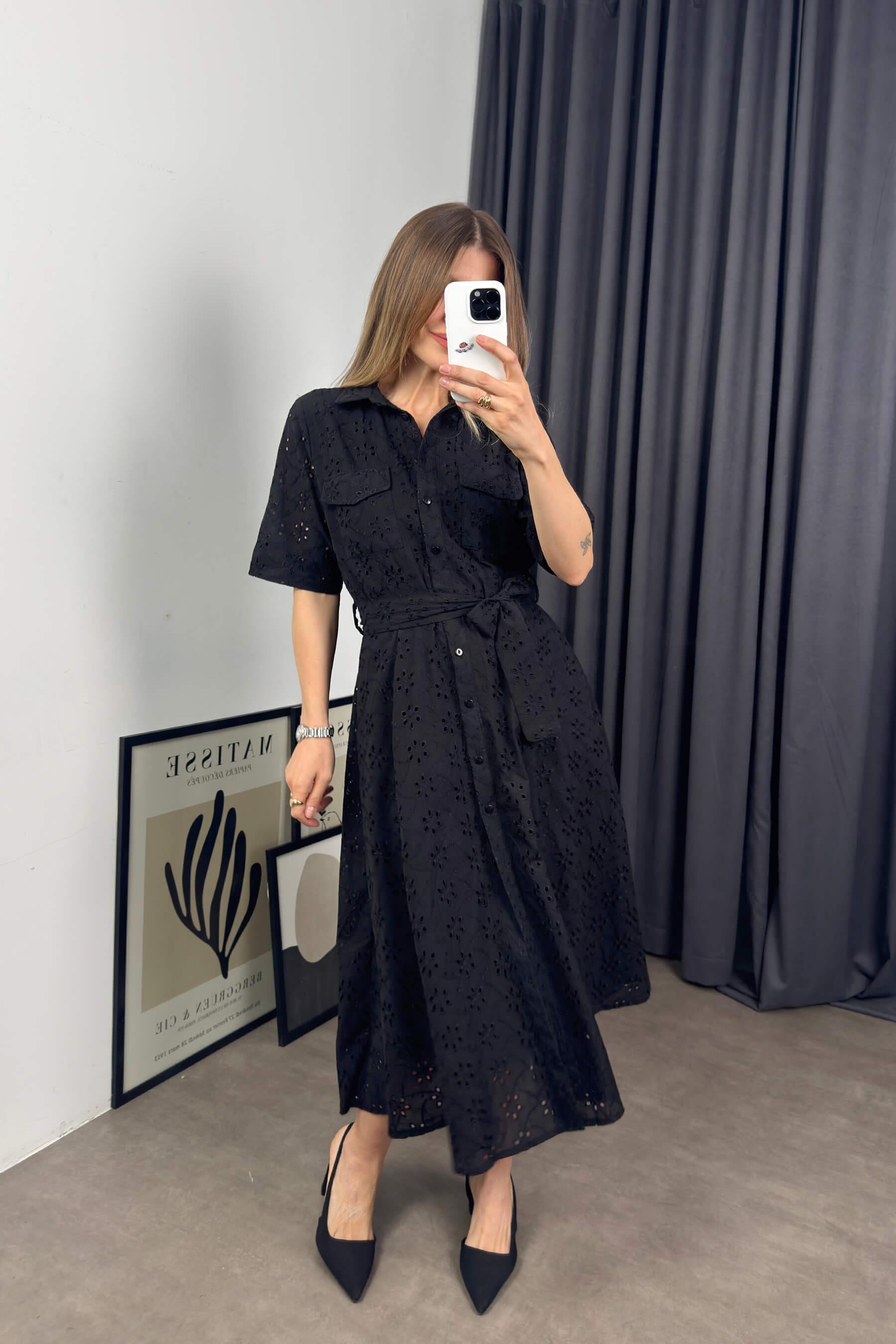 Siyah Kısa Kollu Astarlı Kuşaklı Cepli Fisto Gömlek Elbise