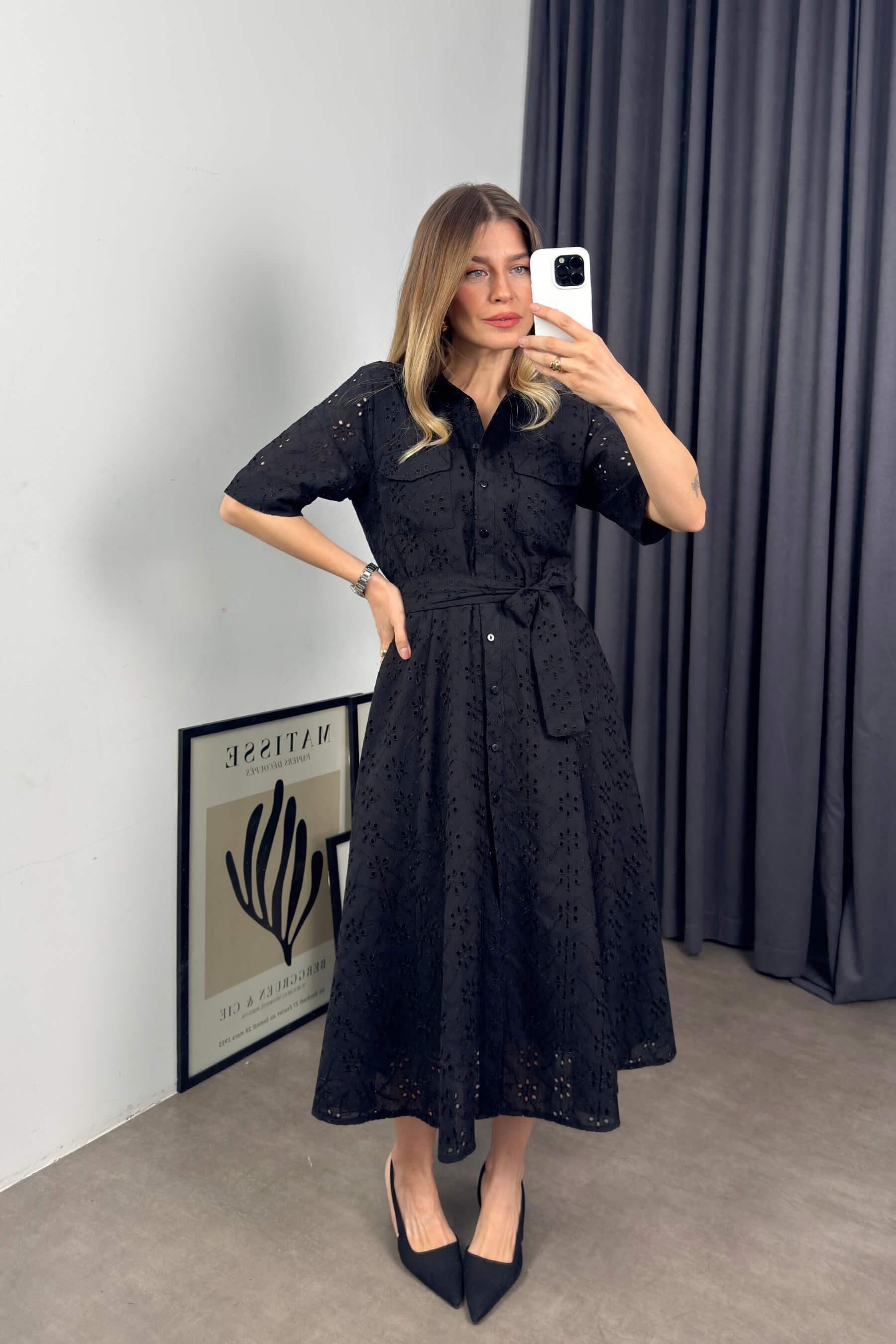 Siyah Kısa Kollu Astarlı Kuşaklı Cepli Fisto Gömlek Elbise