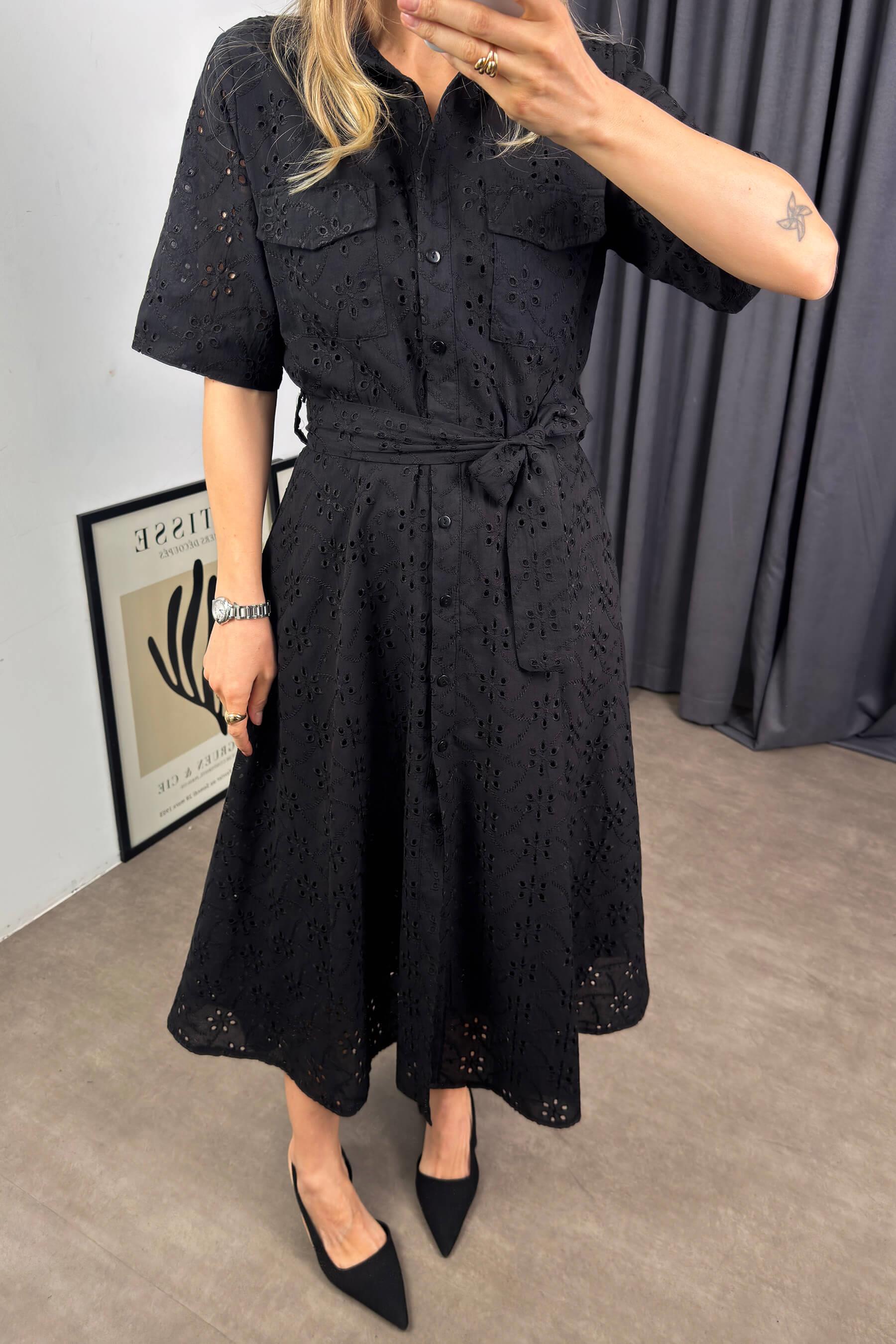 Siyah Kısa Kollu Astarlı Kuşaklı Cepli Fisto Gömlek Elbise