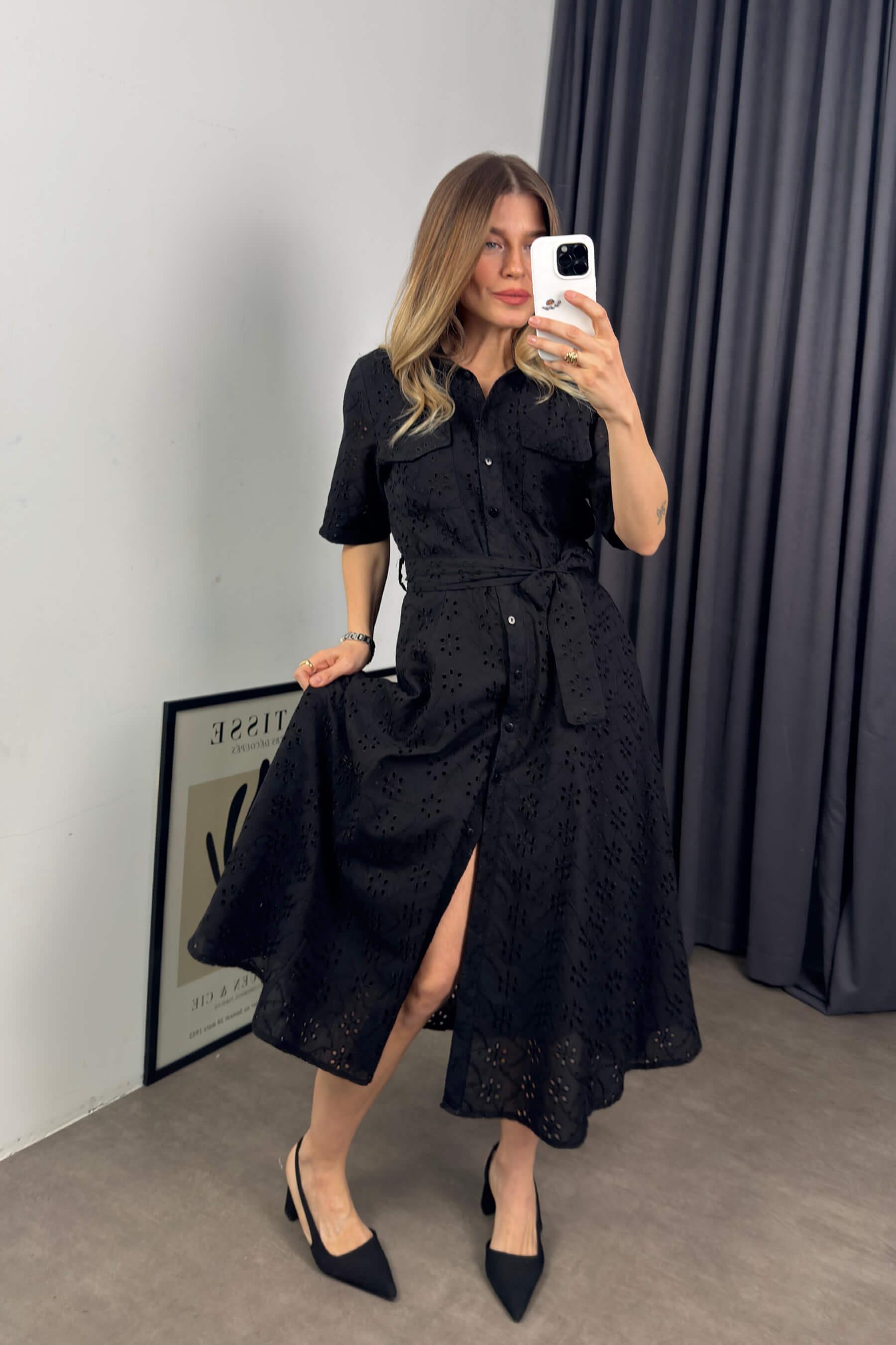 Siyah Kısa Kollu Astarlı Kuşaklı Cepli Fisto Gömlek Elbise