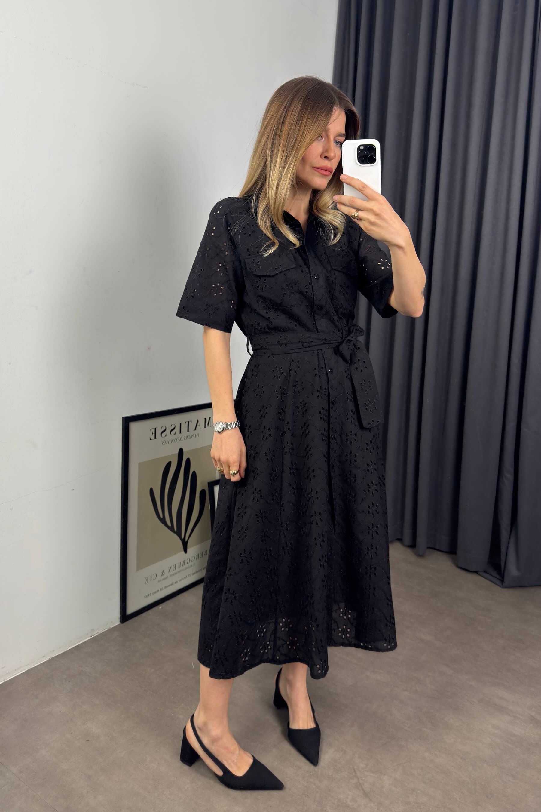 Siyah Kısa Kollu Astarlı Kuşaklı Cepli Fisto Gömlek Elbise