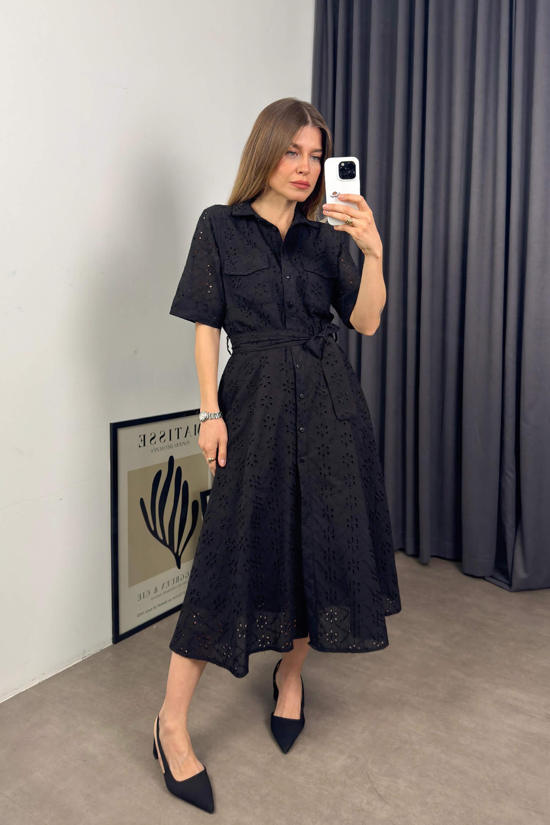 Siyah Kısa Kollu Astarlı Kuşaklı Cepli Fisto Gömlek Elbise