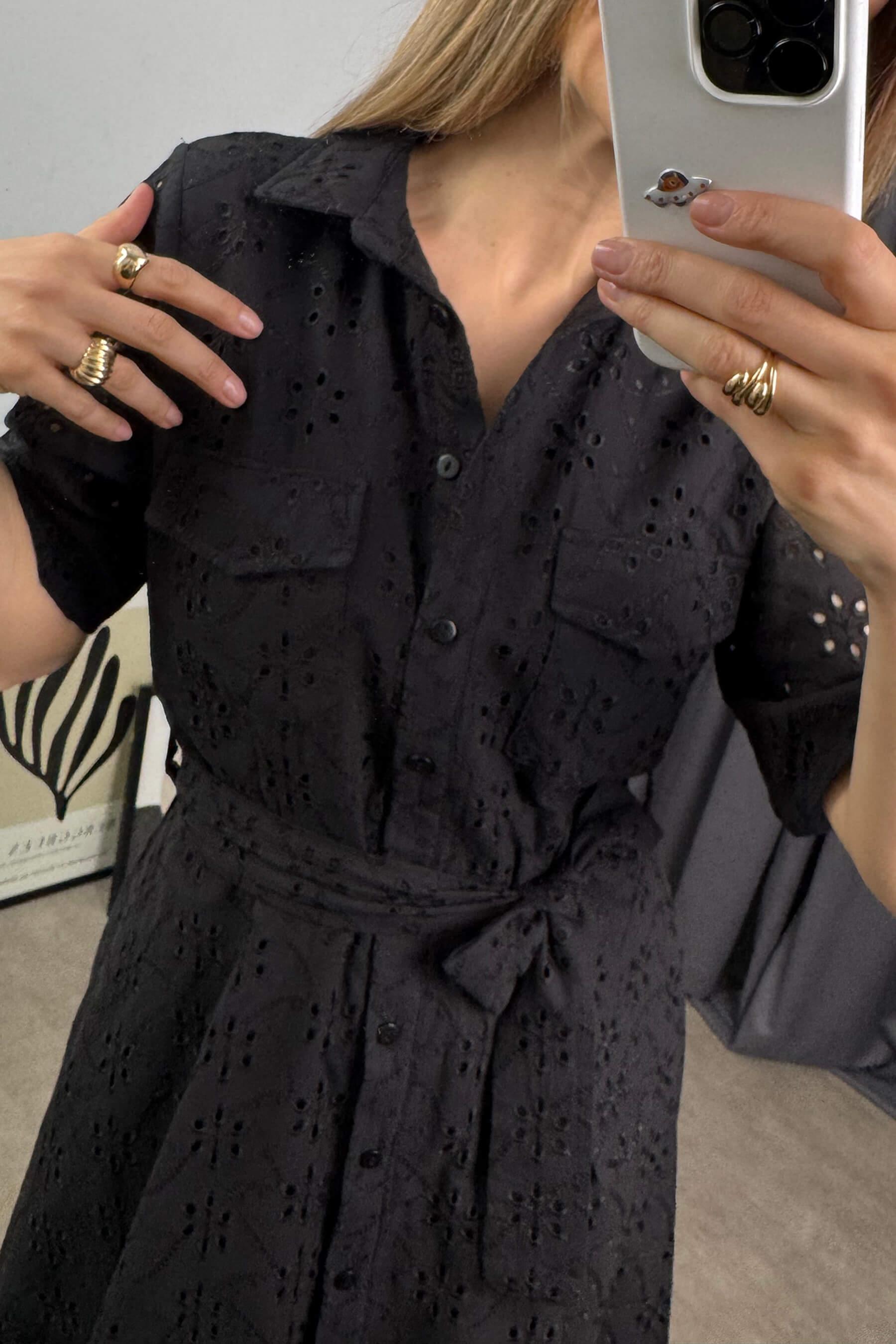 Siyah Kısa Kollu Astarlı Kuşaklı Cepli Fisto Gömlek Elbise