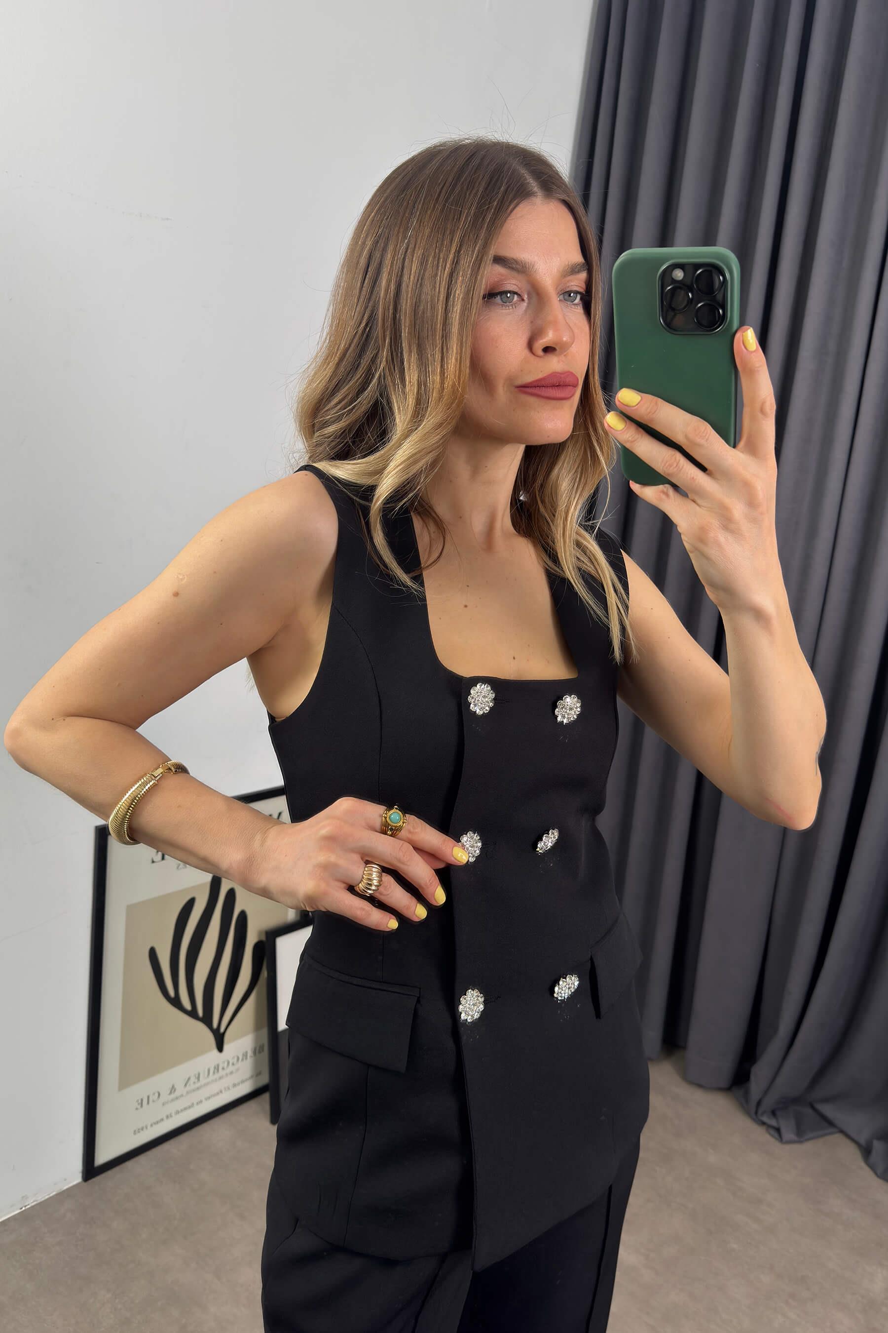 Siyah Kristal Papatya Düğmeli Taşlı Yelek Pantolon Takım