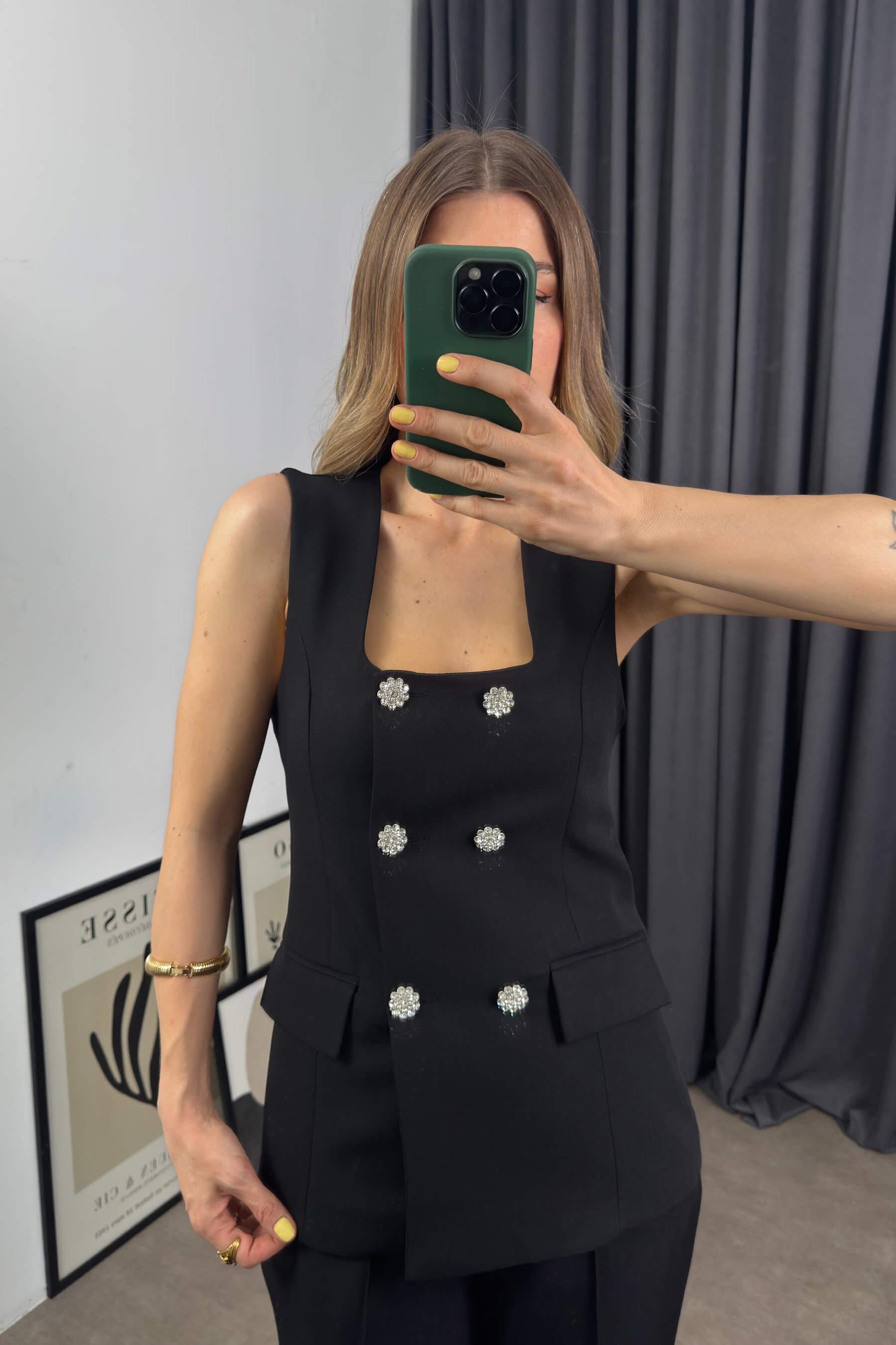 Siyah Kristal Papatya Düğmeli Taşlı Yelek Pantolon Takım