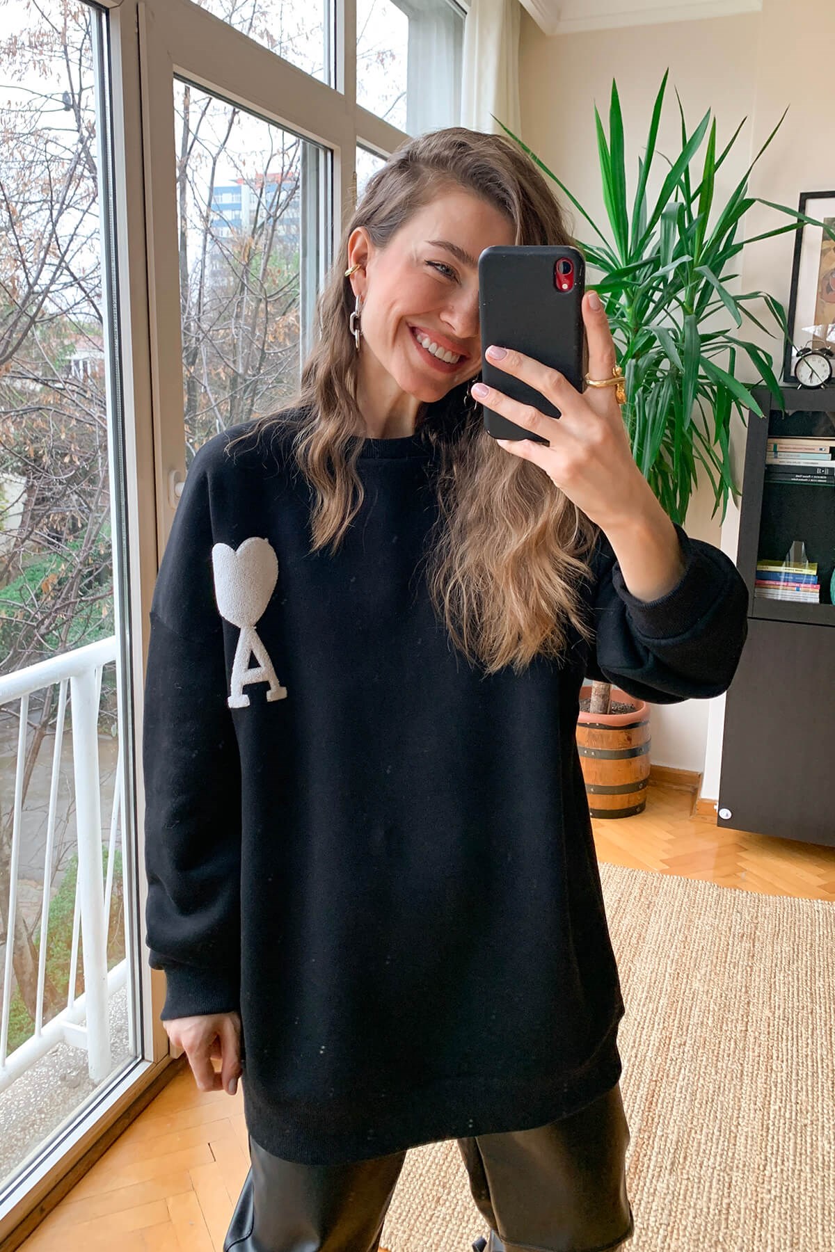 Siyah Kupa As Baskı Salaş Sweatshirt