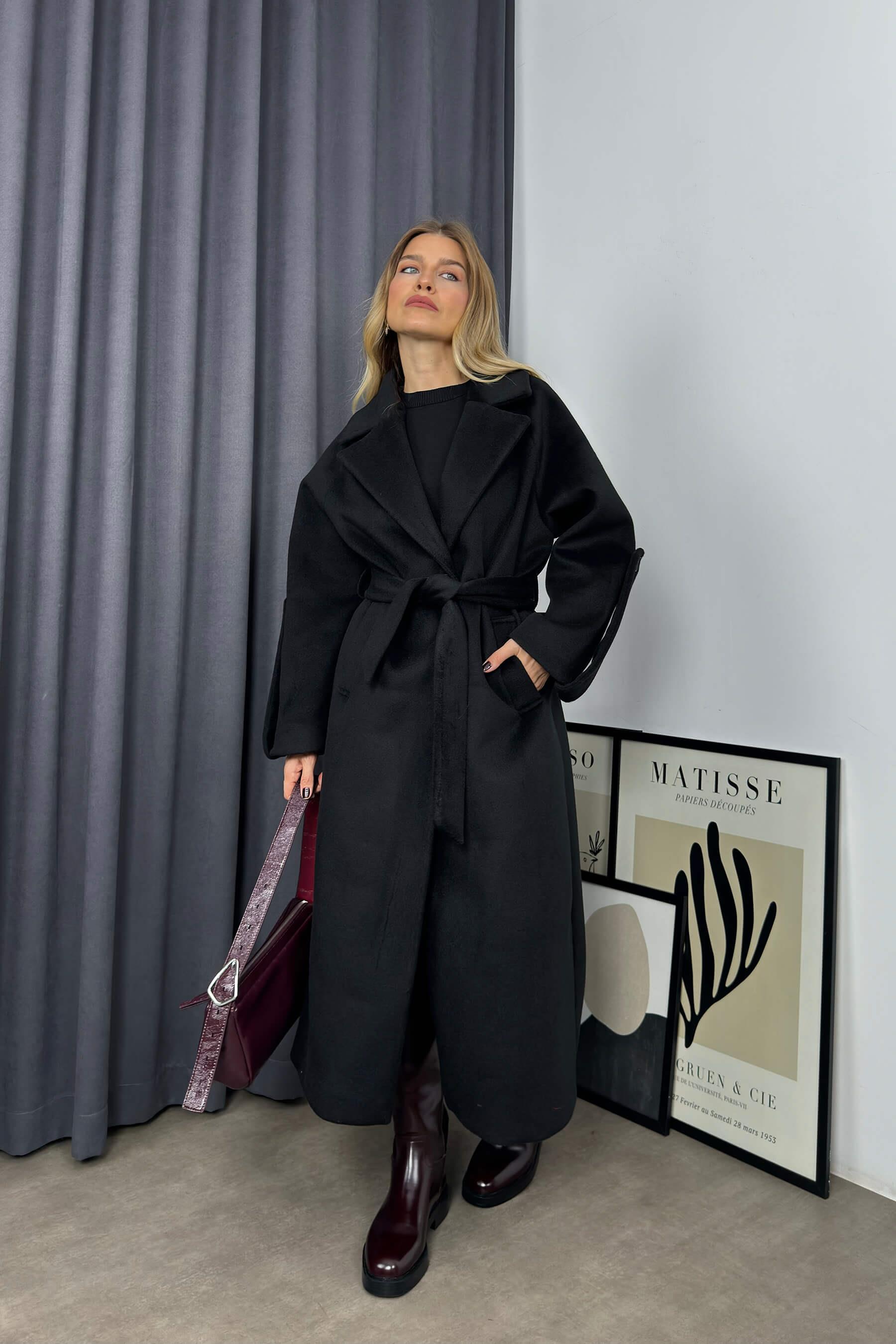 Siyah Kuşaklı Astarlı Oversize Kol Detay Yün Kaban