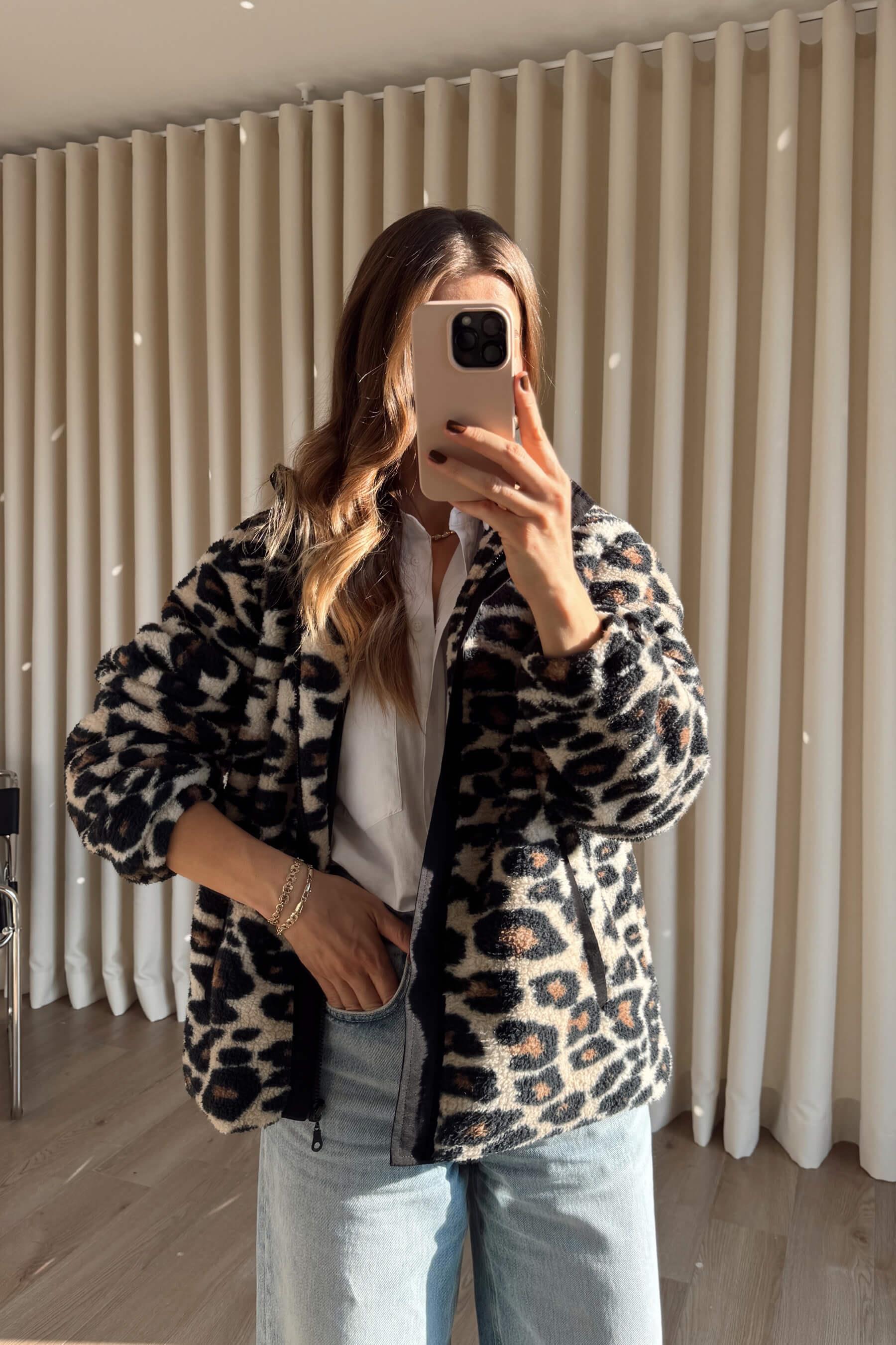 Siyah Leopar Desenli Astarlı Fermuarlı Oversize Peluş Sweatshirt