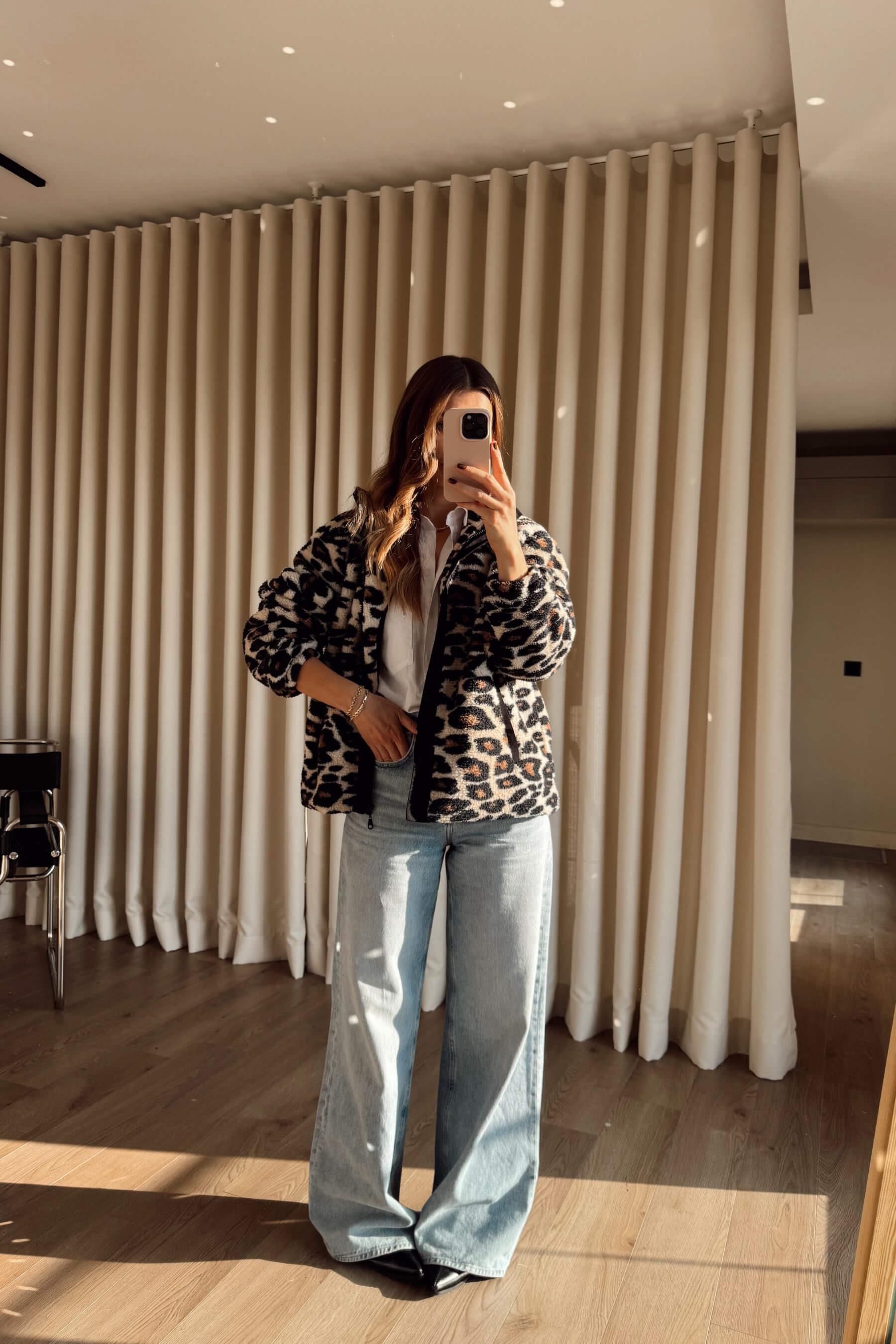 Siyah Leopar Desenli Astarlı Fermuarlı Oversize Peluş Sweatshirt
