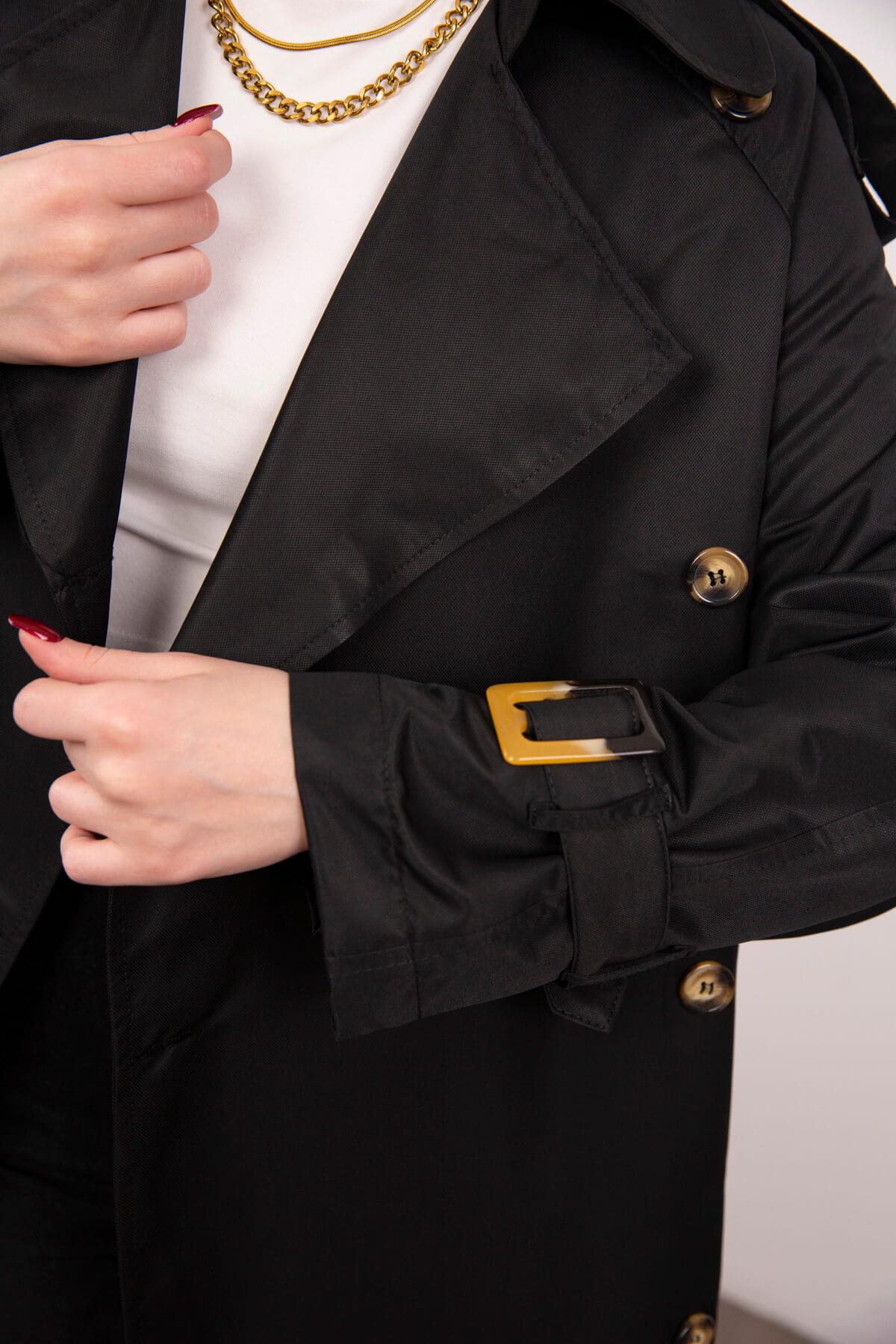 Siyah Oversize Apolet Detay Kemerli Trençkot