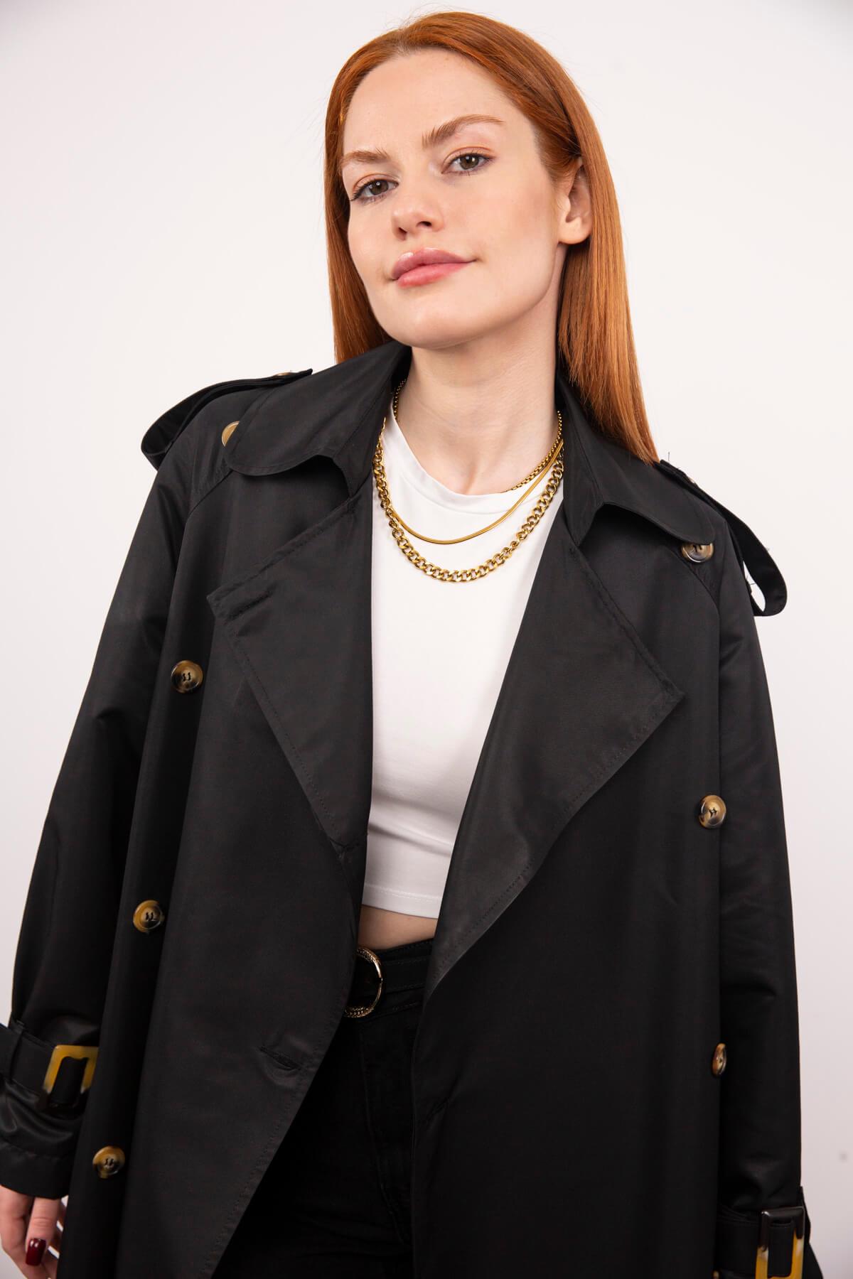 Siyah Oversize Apolet Detay Kemerli Trençkot