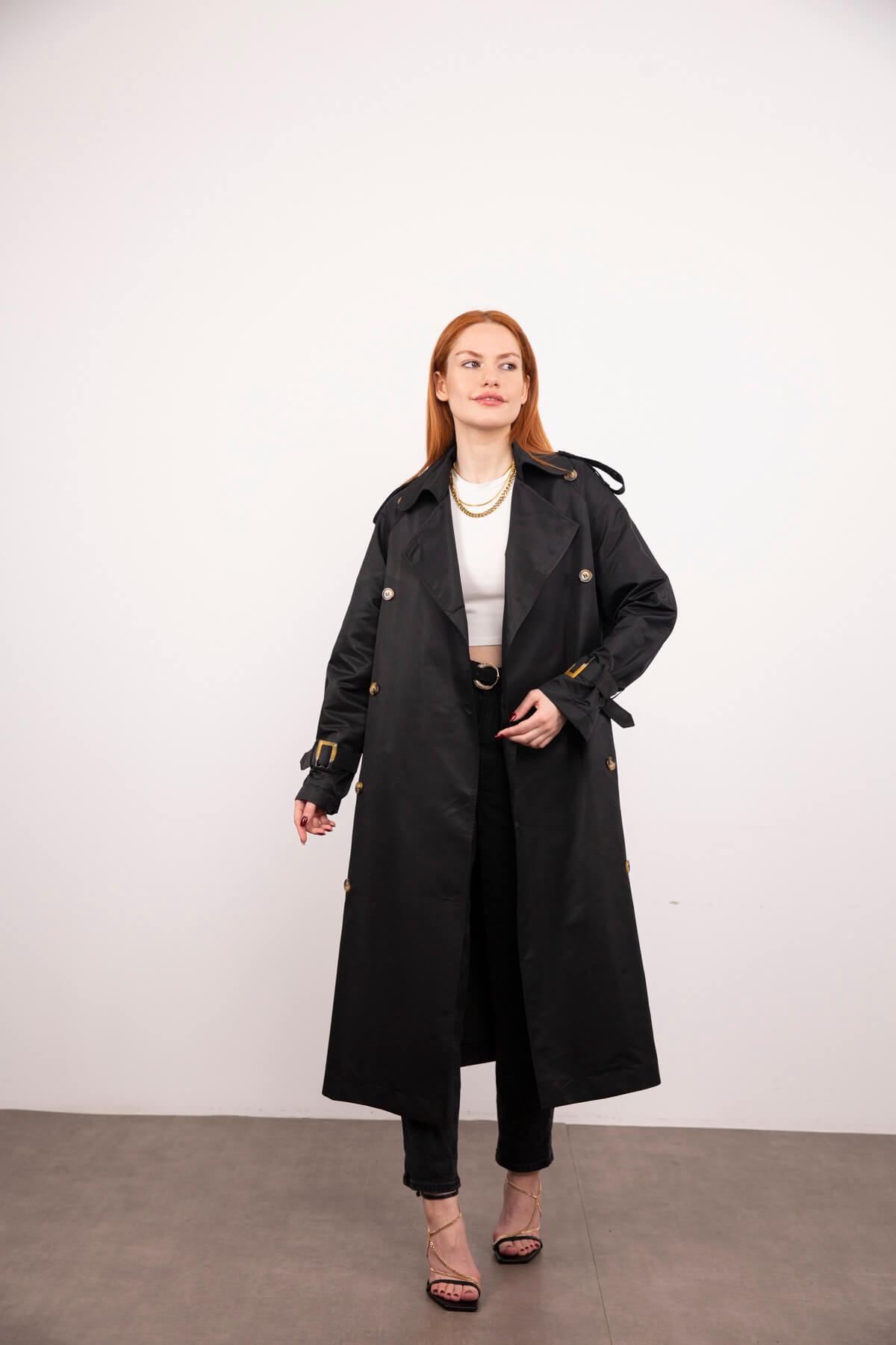 Siyah Oversize Apolet Detay Kemerli Trençkot