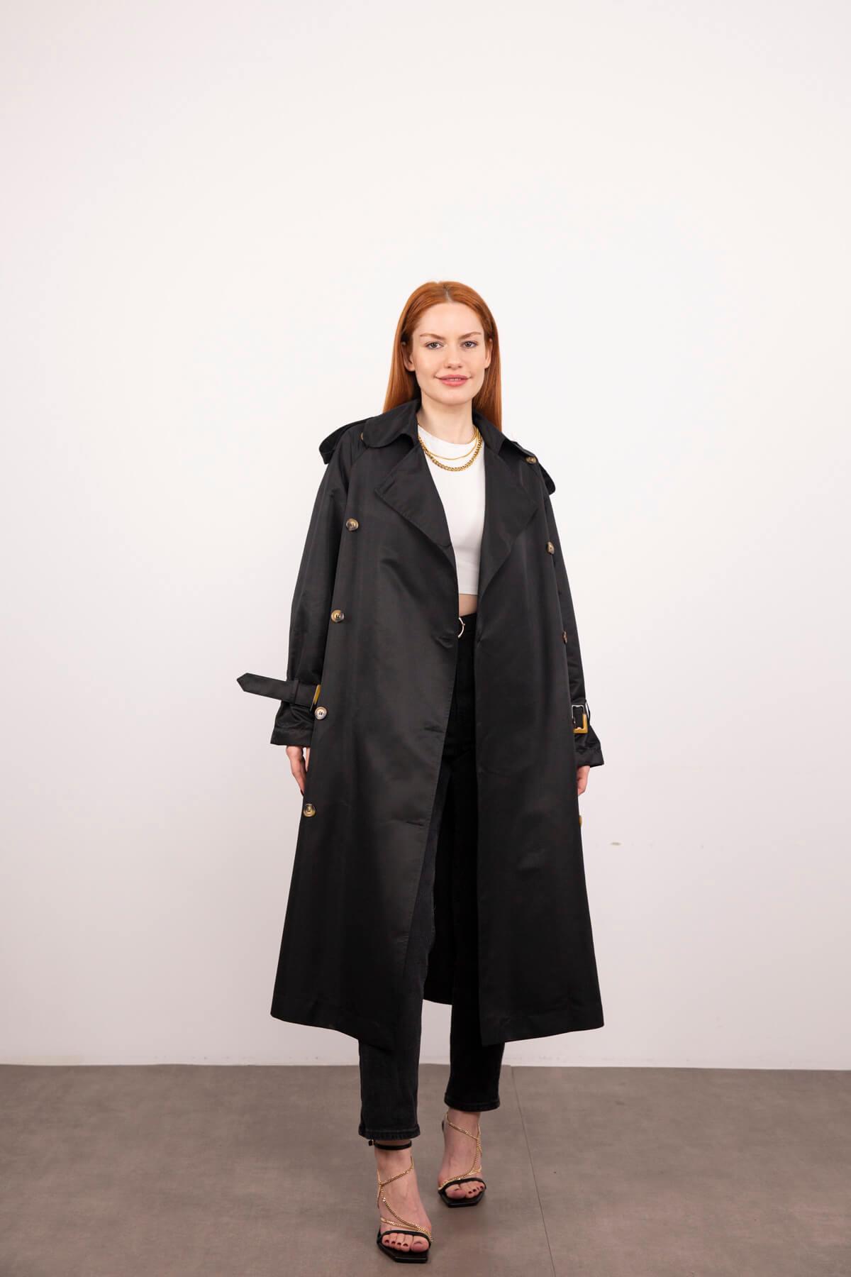 Siyah Oversize Apolet Detay Kemerli Trençkot