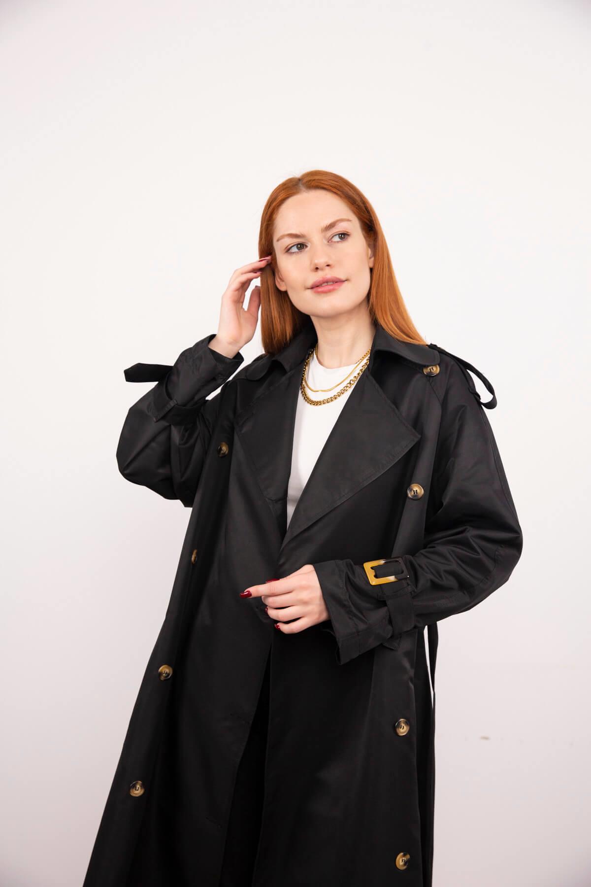 Siyah Oversize Apolet Detay Kemerli Trençkot