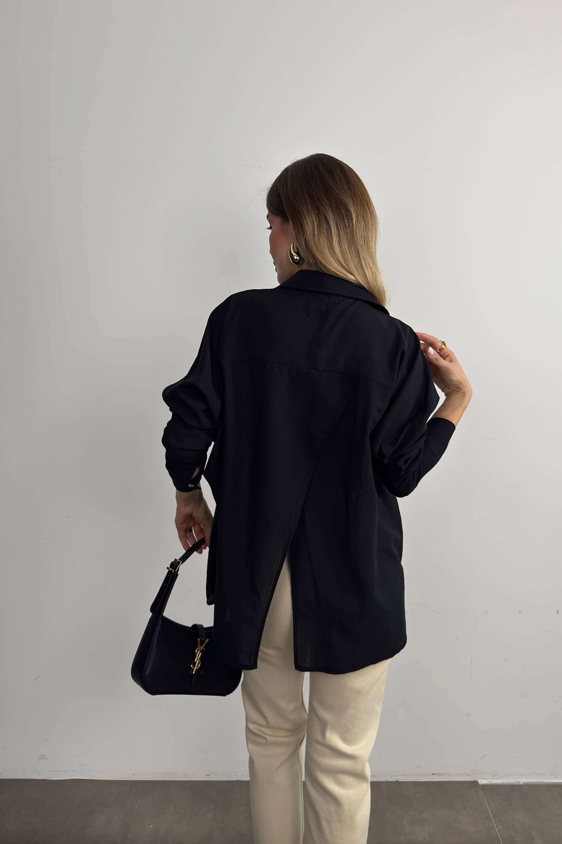 Siyah Oversize Keten Gömlek