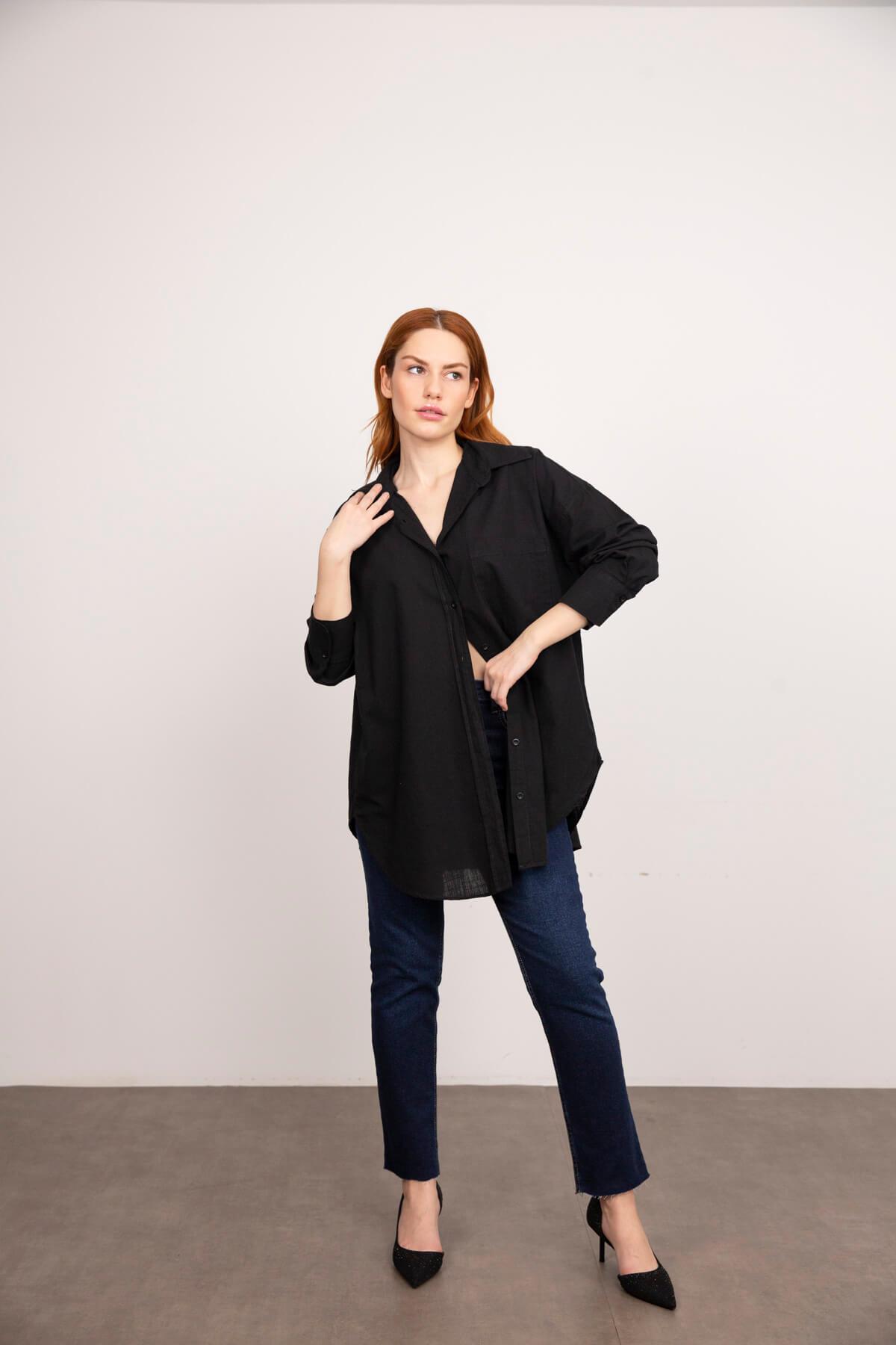 Siyah Oversize Keten Gömlek