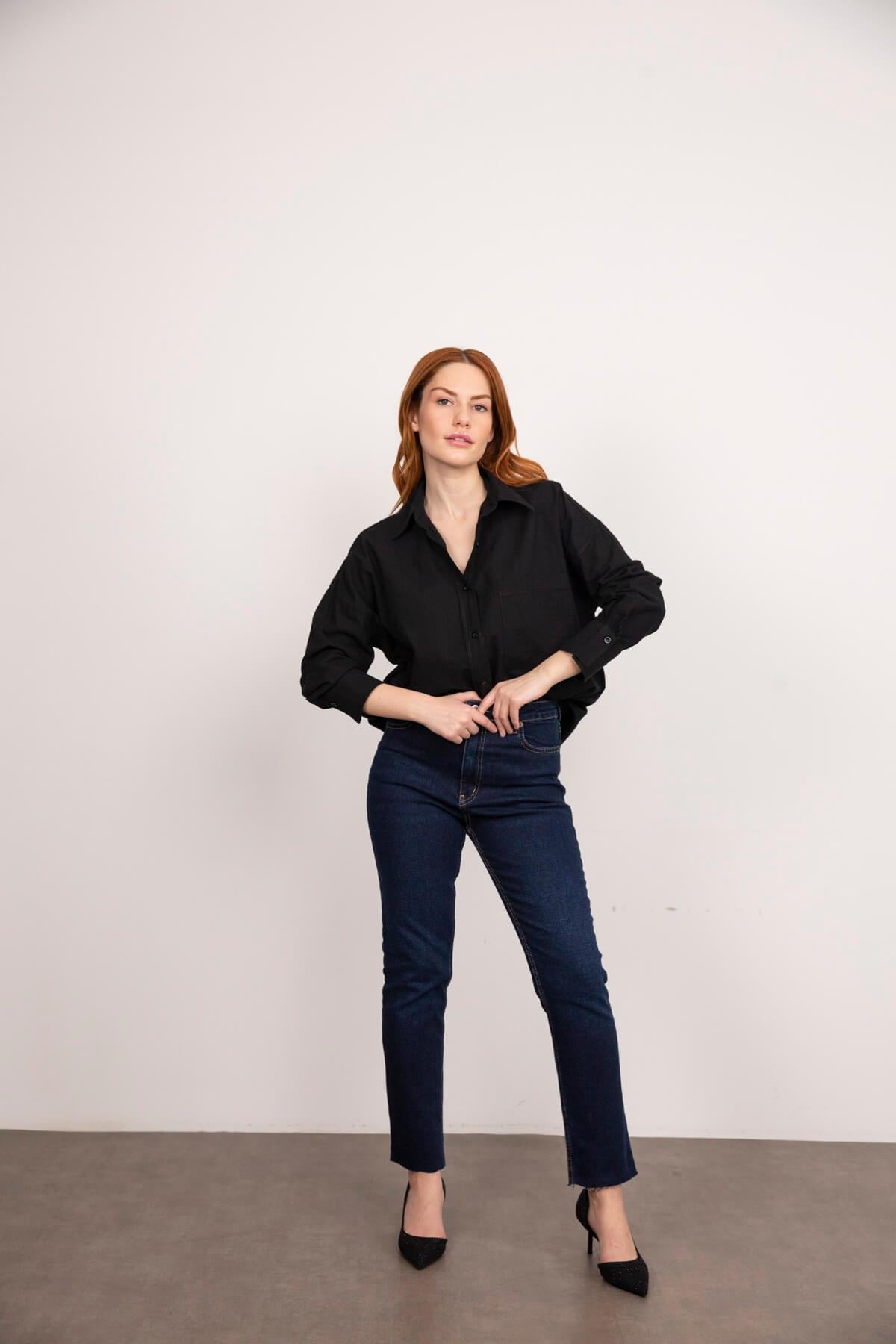Siyah Oversize Keten Gömlek